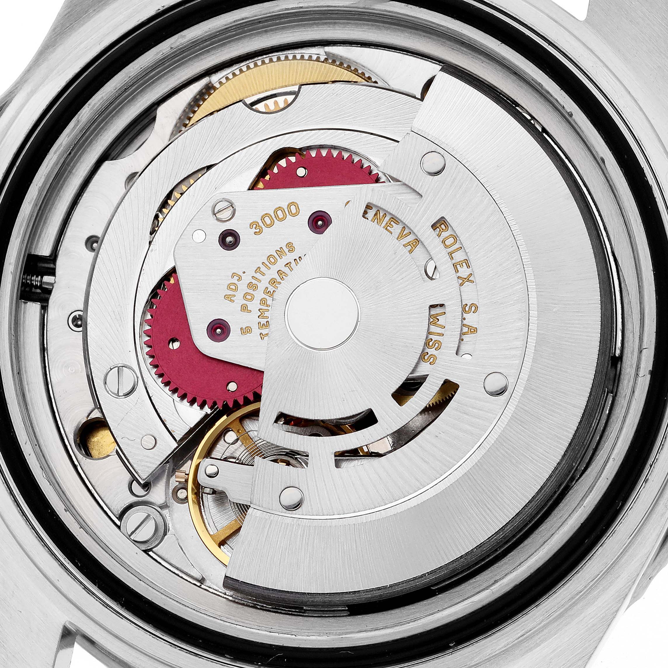 This is a close-up view of the Rolex Submariner 14060 Men
s Stainless Steel Black Dial 14060 Men
s Stainless Steel Black Dial
s movement, displaying its intricate gears and components.