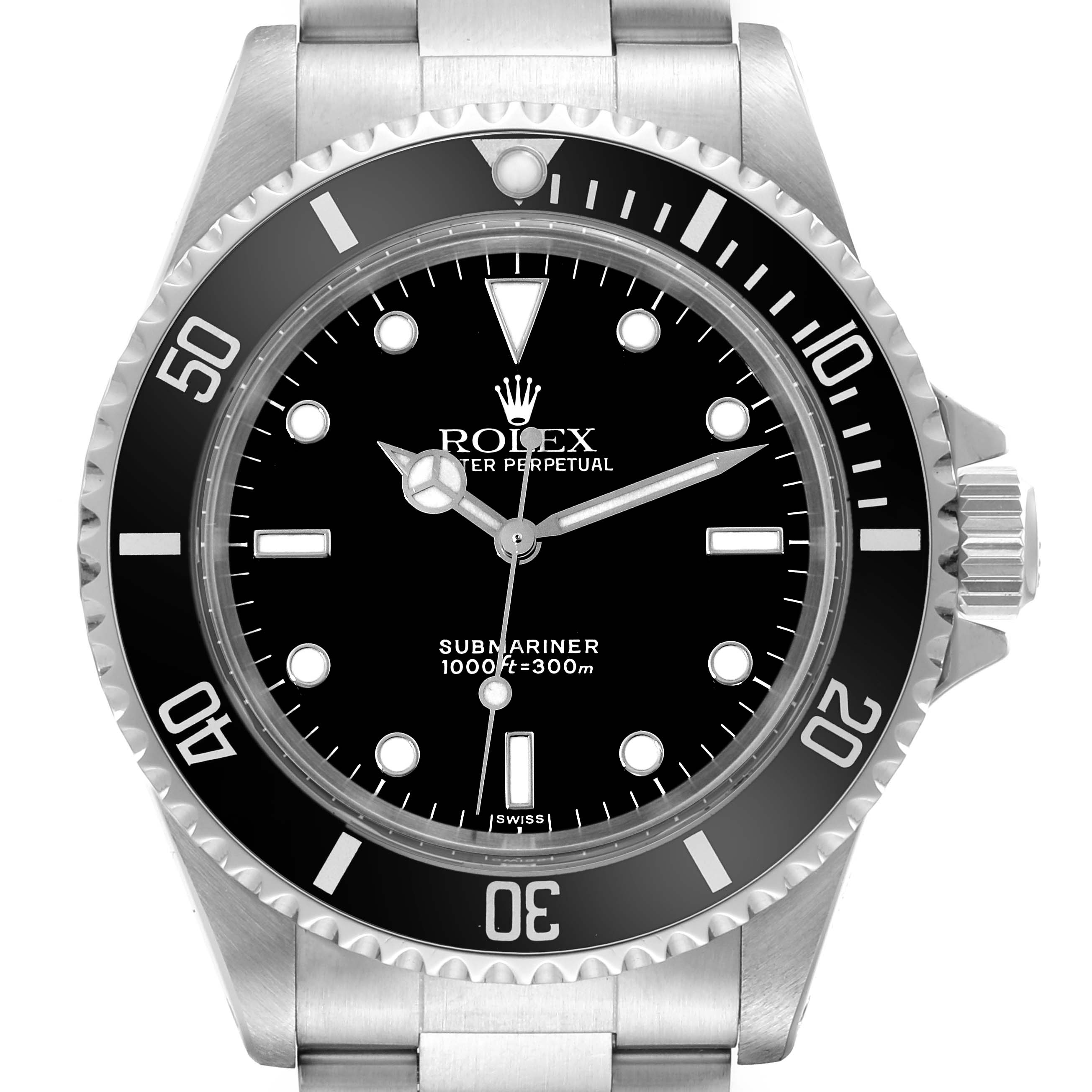 The image shows a front view of a Rolex Submariner 14060 Men
s Stainless Steel Black Dial 14060 Men
s Stainless Steel Black Dial watch, highlighting the dial, bezel, and part of the bracelet.