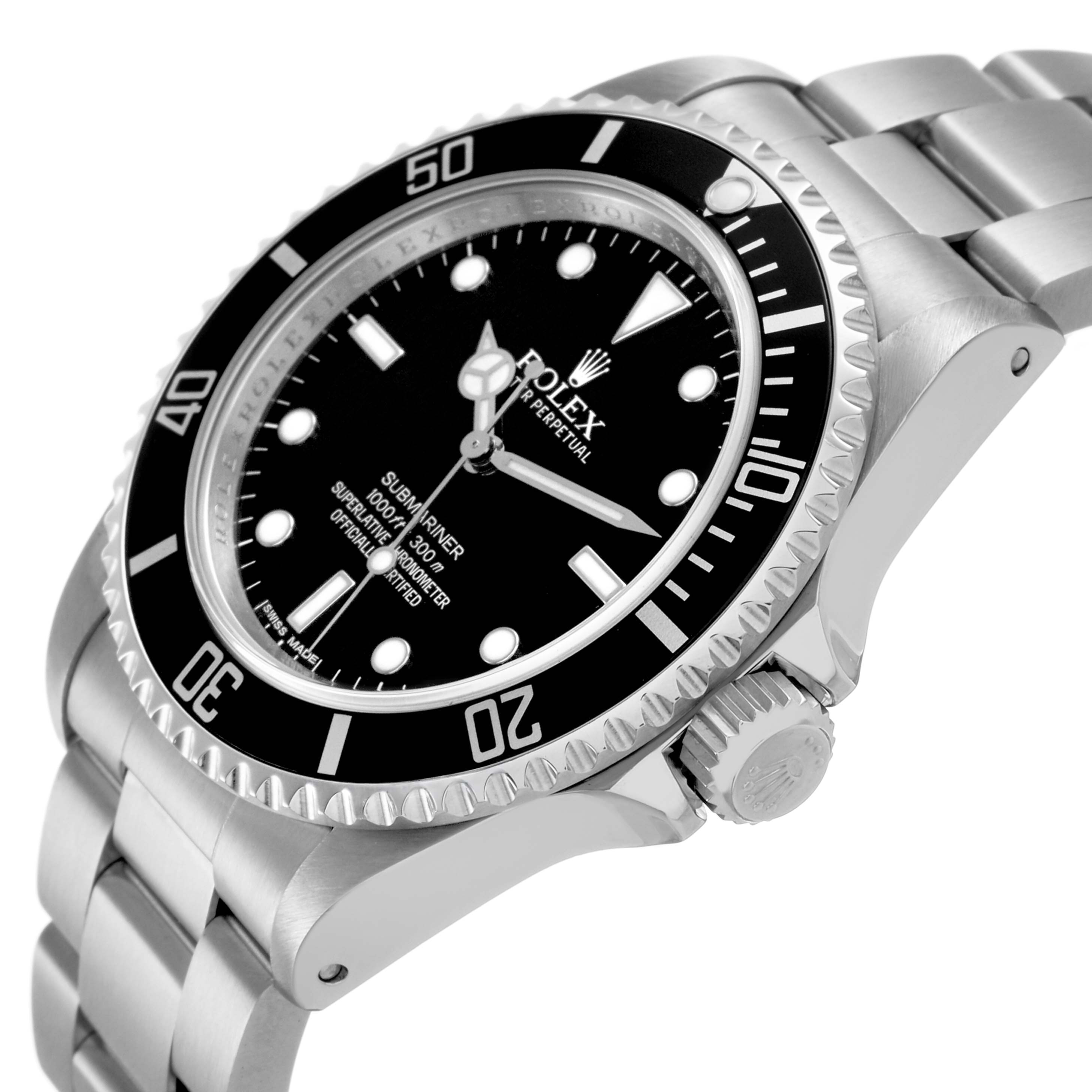 The Rolex Submariner 14060 Men's Stainless Steel Black Dial watch is shown at a side angle, highlighting the bezel, dial, crown, and part of the bracelet.