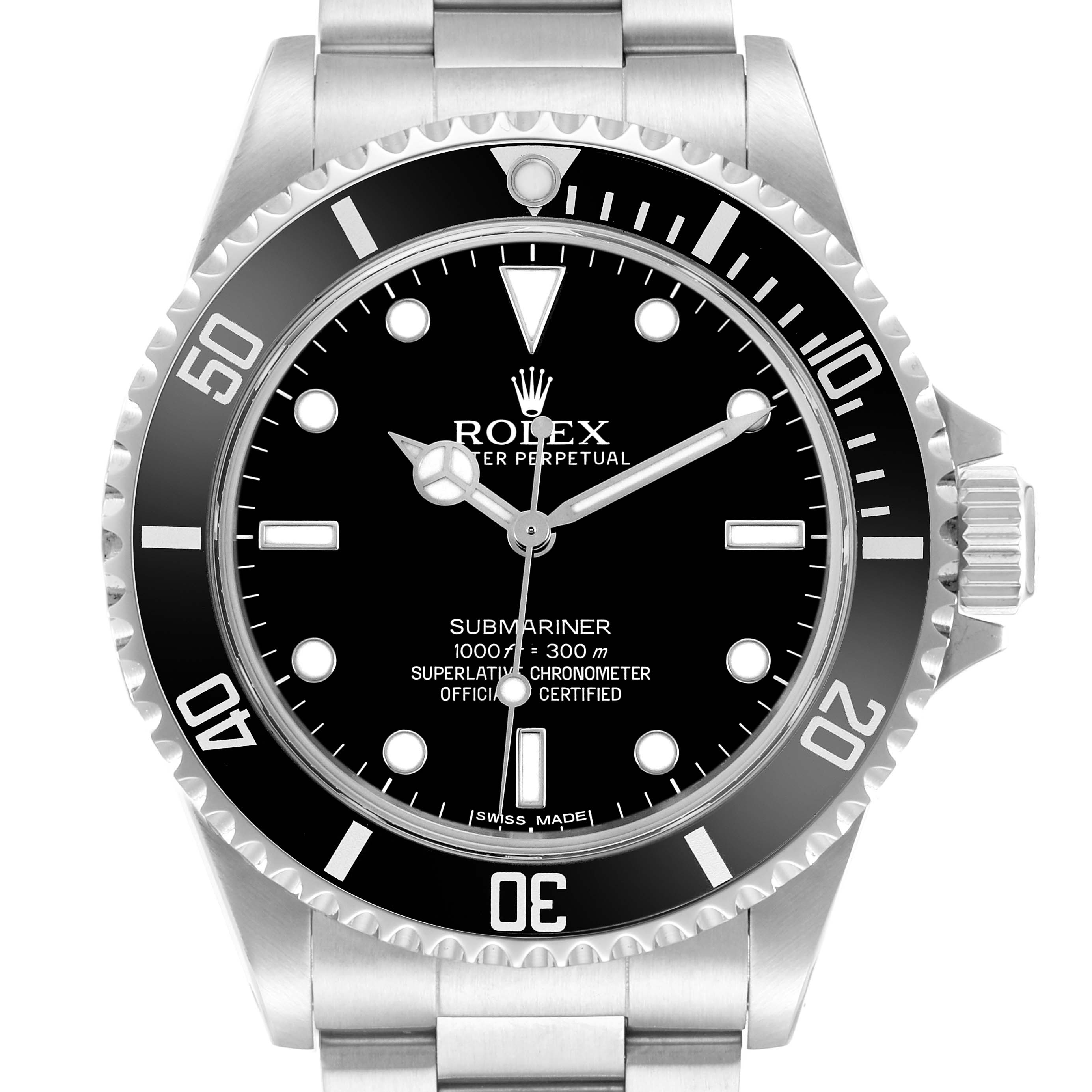 The Rolex Submariner 14060 Men's Stainless Steel Black Dial watch is shown from a front view, displaying the bezel, dial, hands, and part of the bracelet.