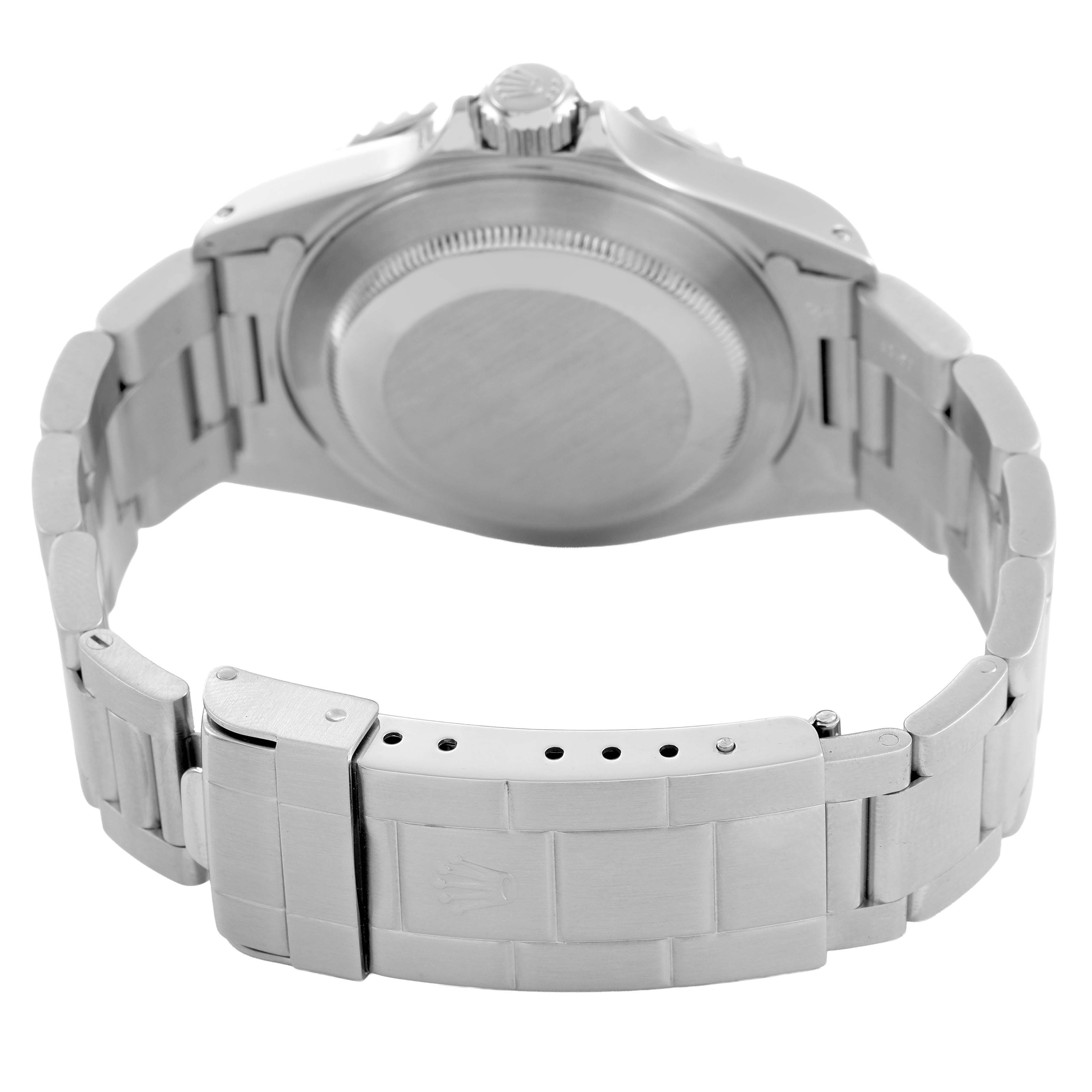 The image shows the back of a Rolex Submariner 14060 Men's Stainless Steel Black Dial watch, highlighting the bracelet and clasp from a rear angle.