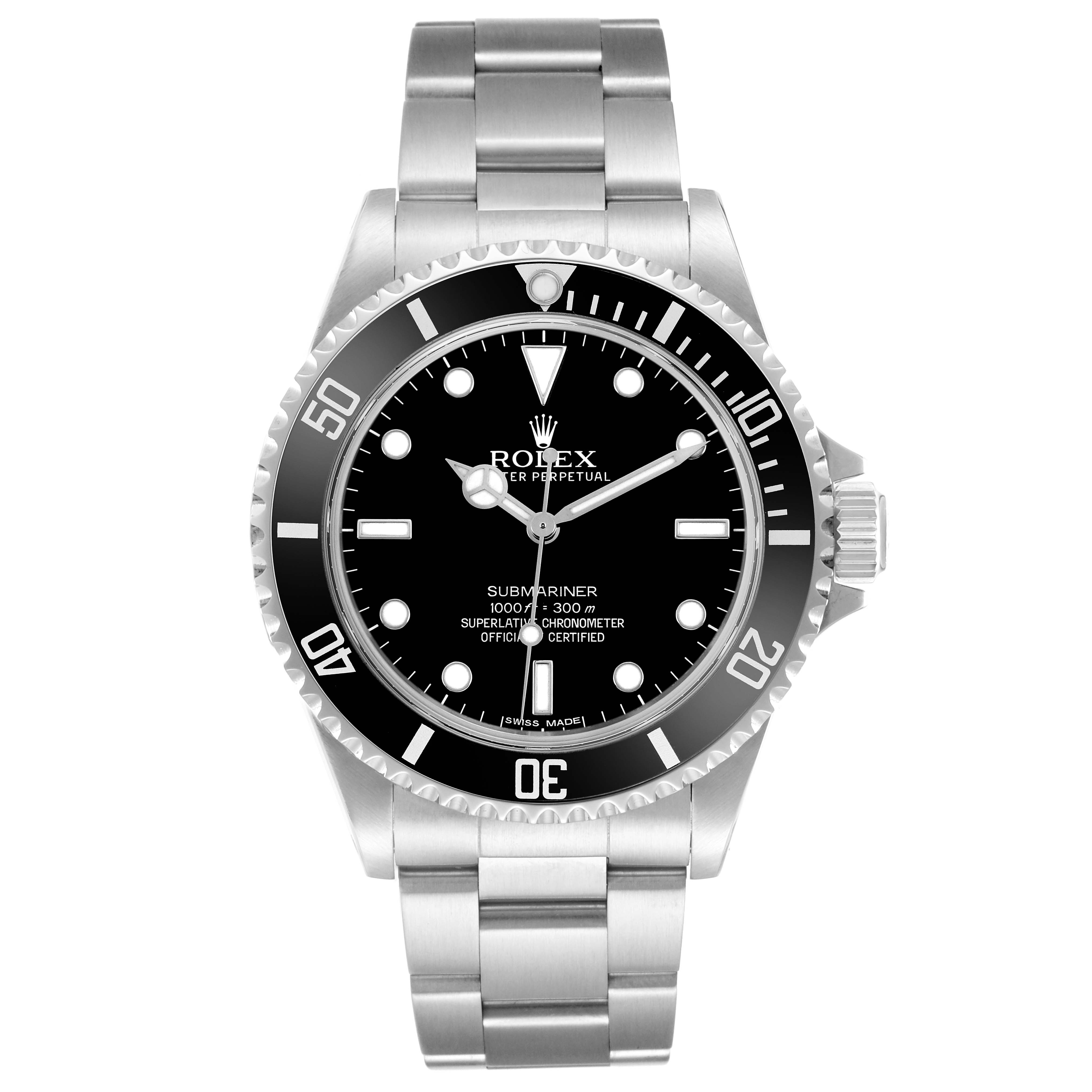 The Rolex Submariner 14060 Men's Stainless Steel Black Dial watch is shown from the front, highlighting the dial, bezel, crown, and bracelet.