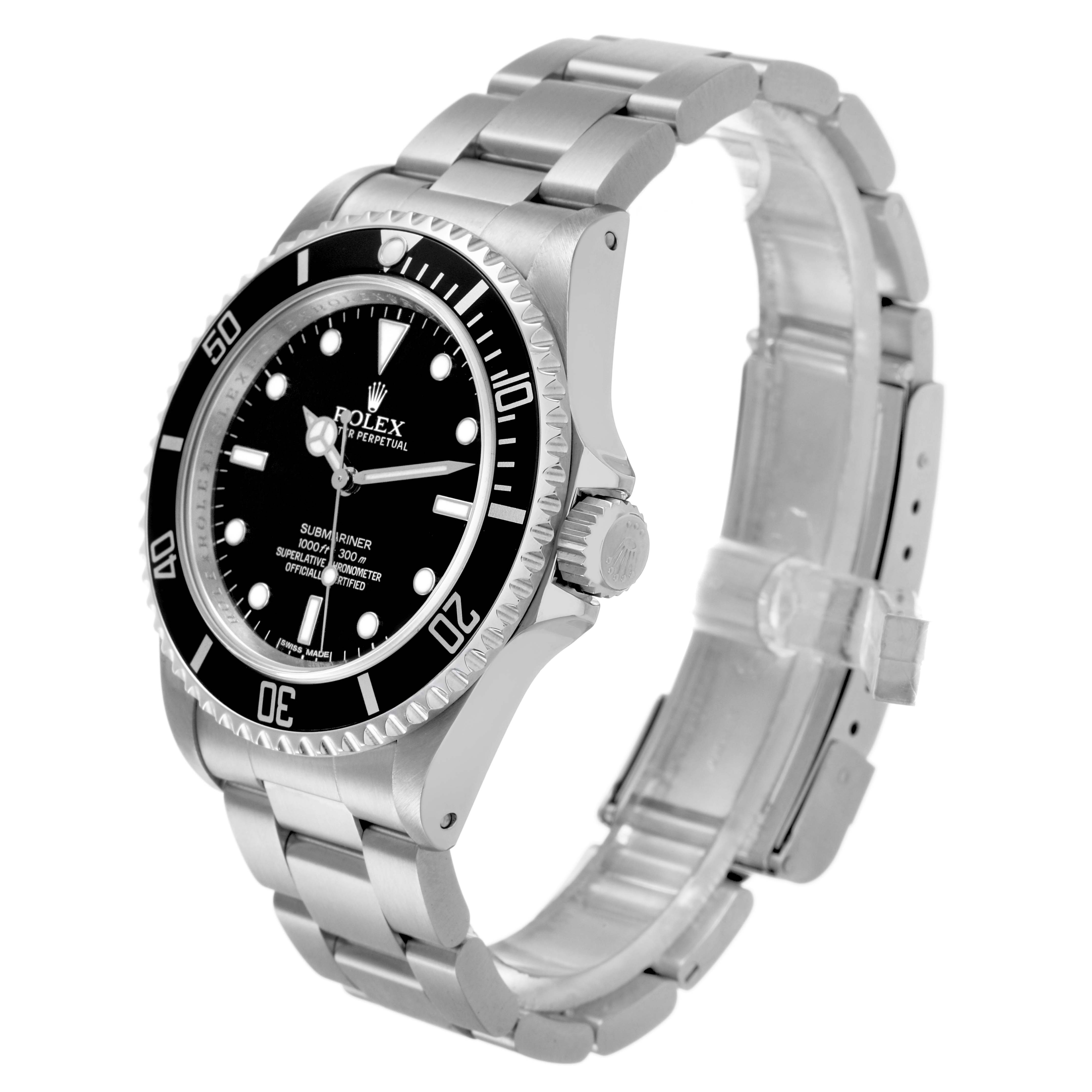 The Rolex Submariner 14060 Men's Stainless Steel Black Dial is shown at an angled side view, highlighting the bezel, dial, crown, and bracelet.