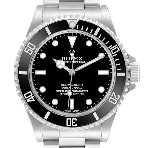 The Rolex Submariner 14060 Men's Stainless Steel Black Dial watch is shown from a front angle, highlighting its bezel, dial, and bracelet.