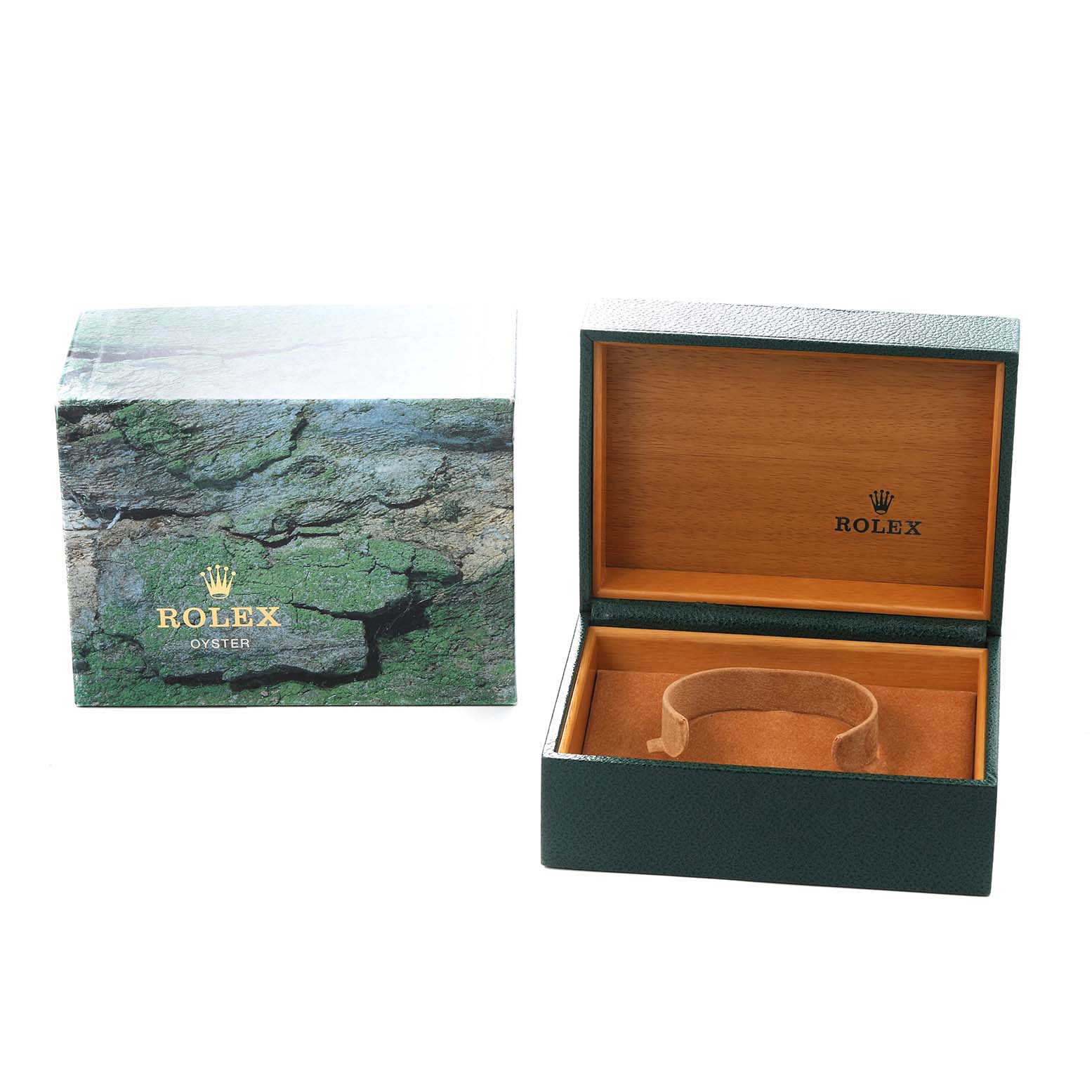 The image shows a Rolex Submariner model 16613 watch box set, including the outer box and an open wooden interior box with a cushion for the watch.