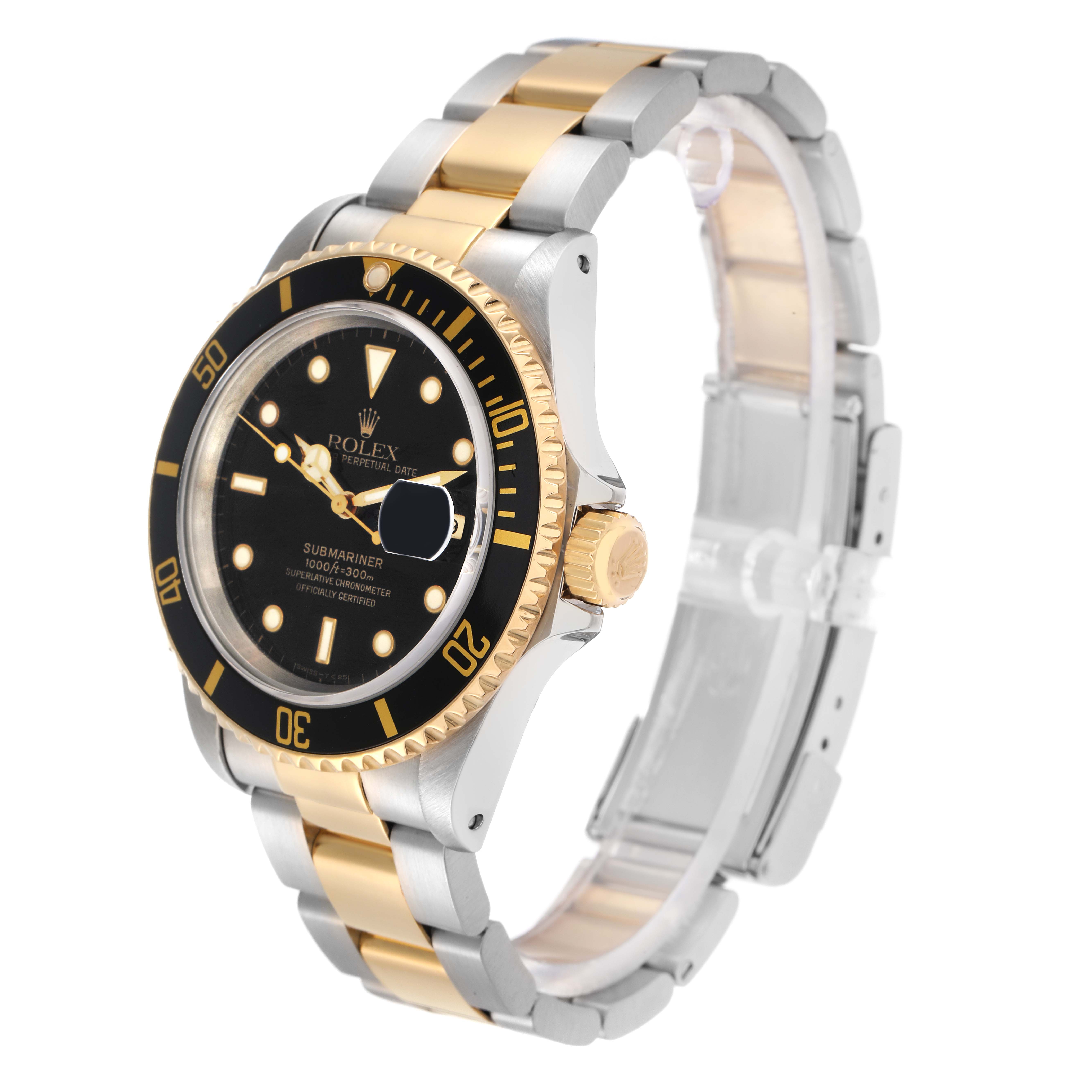 The Rolex Submariner model 16613 men
s watch is shown at an angle displaying the dial, bezel, crown, and two-tone bracelet.