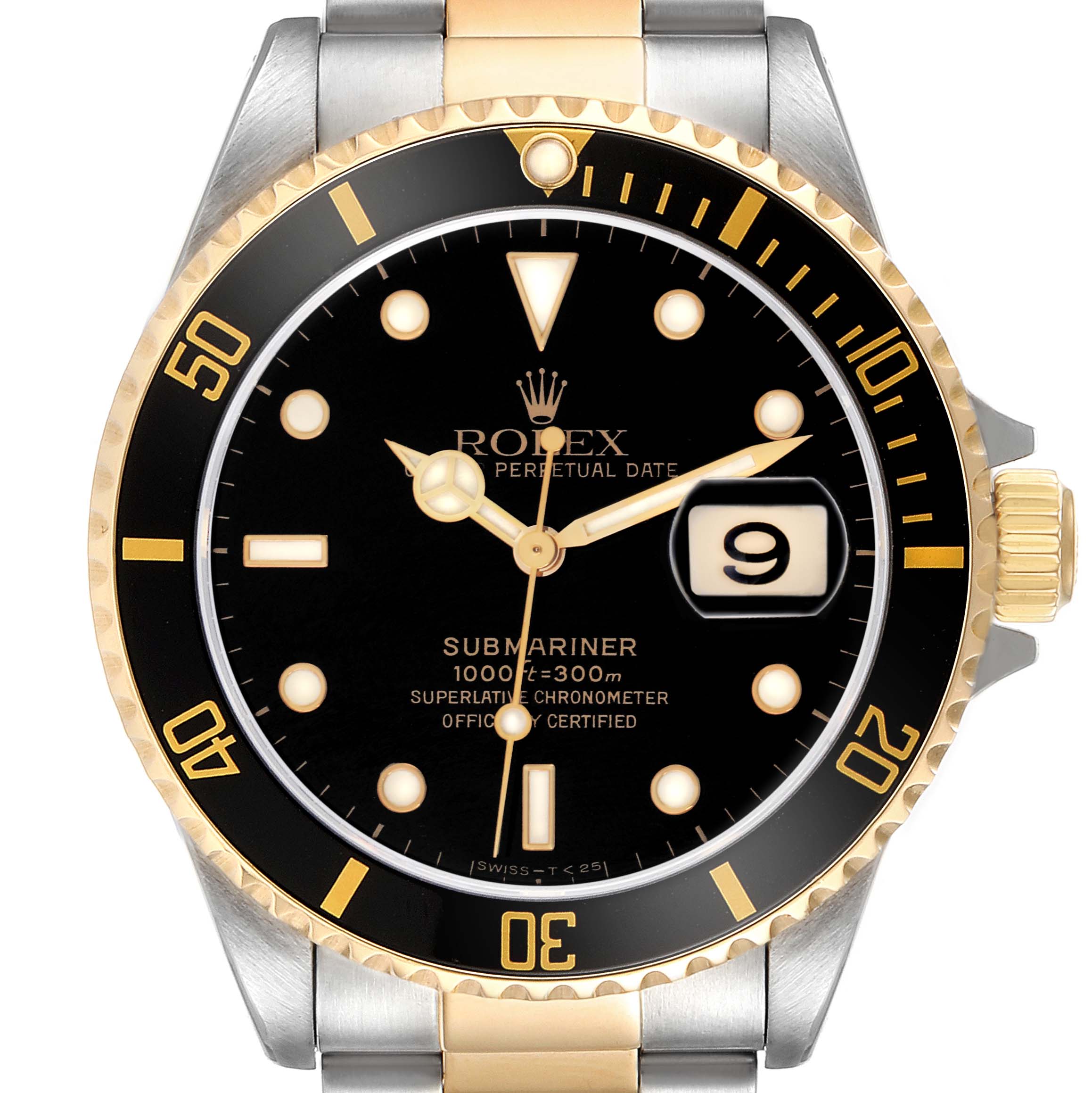 The Rolex Submariner model 16613 is shown from a frontal angle, displaying the dial, bezel, hands, date window, and part of the bracelet.