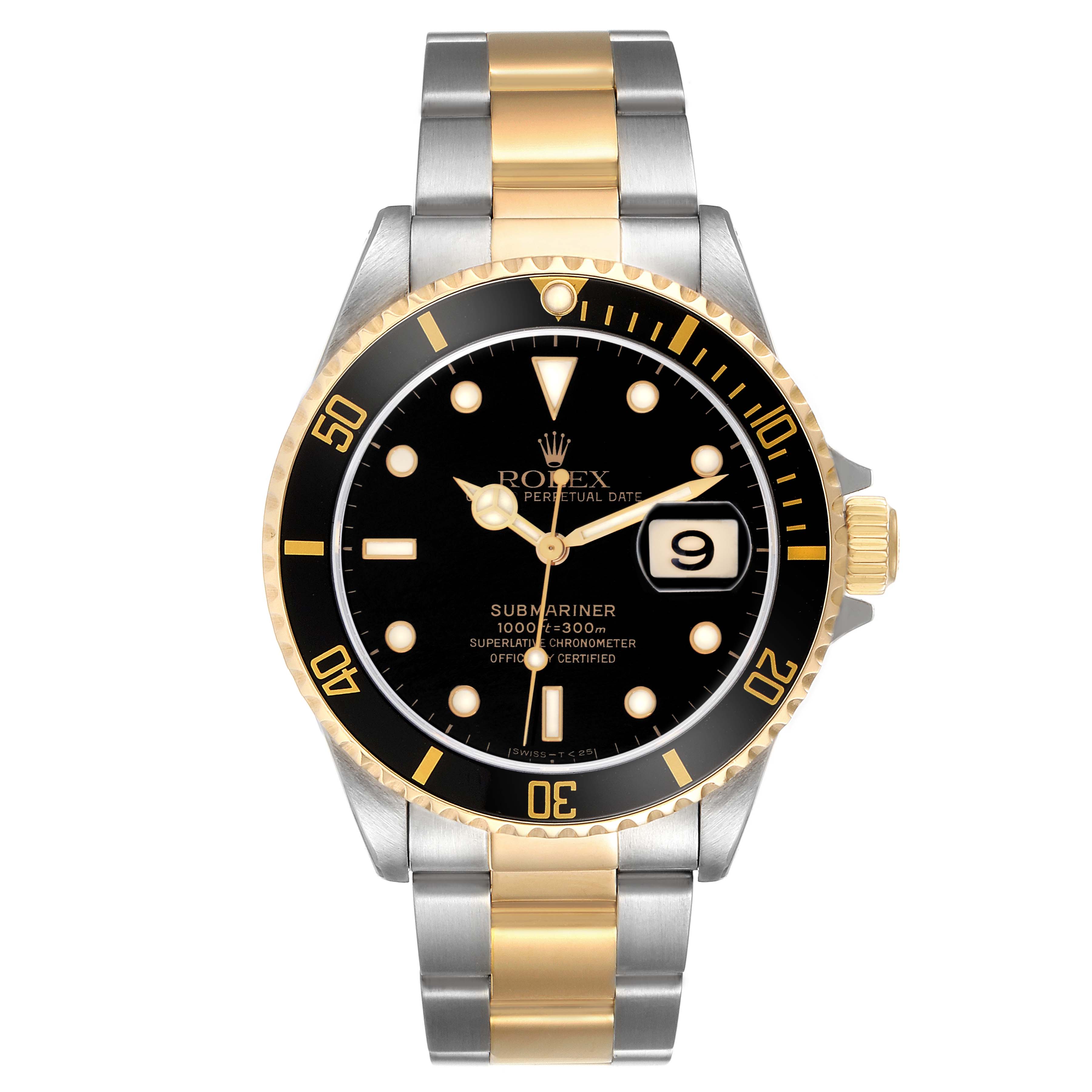 The image shows a front view of a Rolex Submariner model 16613 men
s watch, displaying the dial, bezel, and two-tone bracelet.