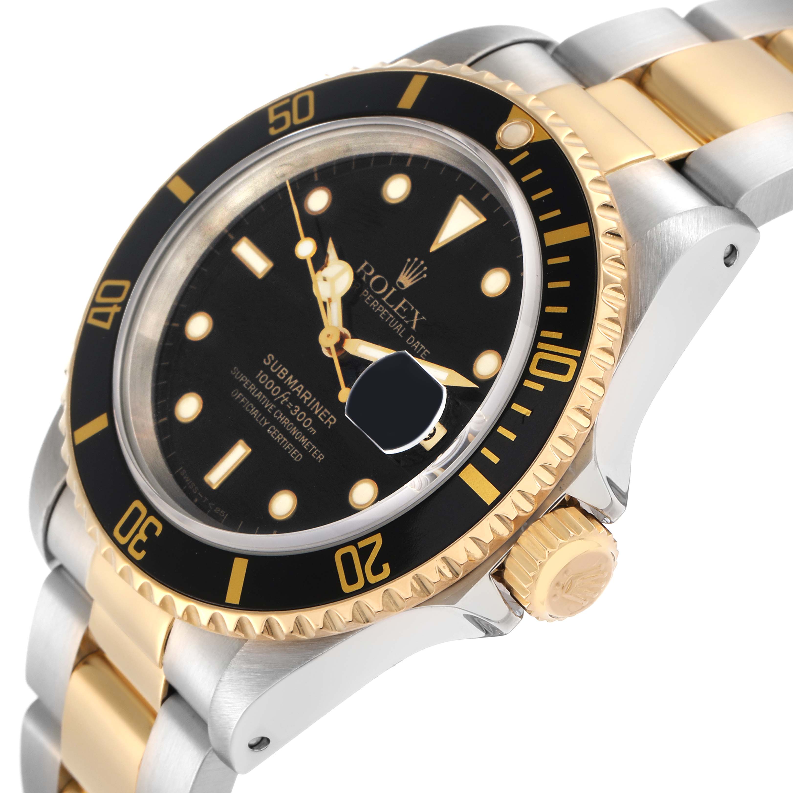 The Rolex Submariner model 16613 is shown from a three-quarter angle highlighting the dial, bezel, crown, and part of the bracelet.