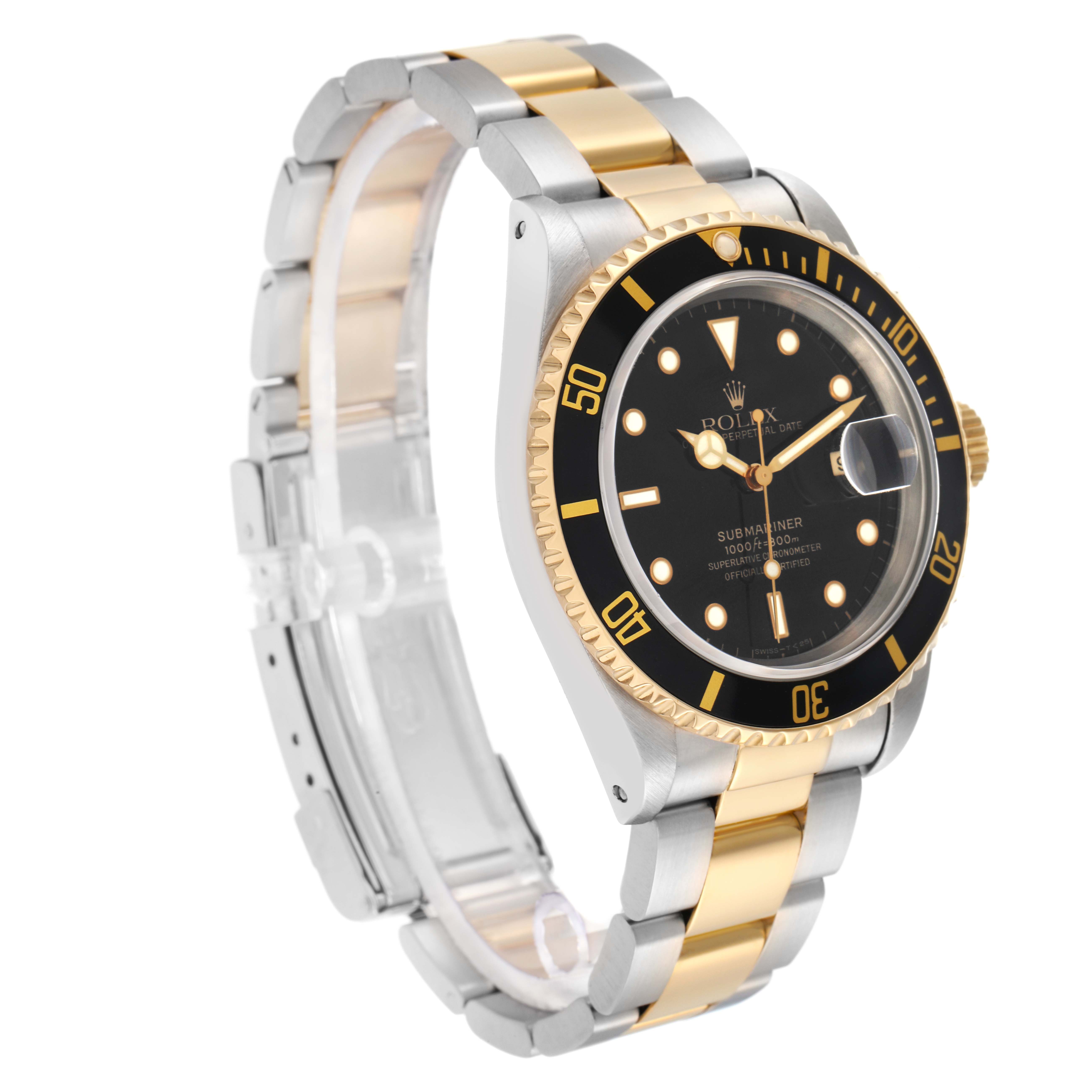 The Rolex Submariner model 16613 is shown at a three-quarter angle, highlighting the dial, bezel, and two-tone bracelet.