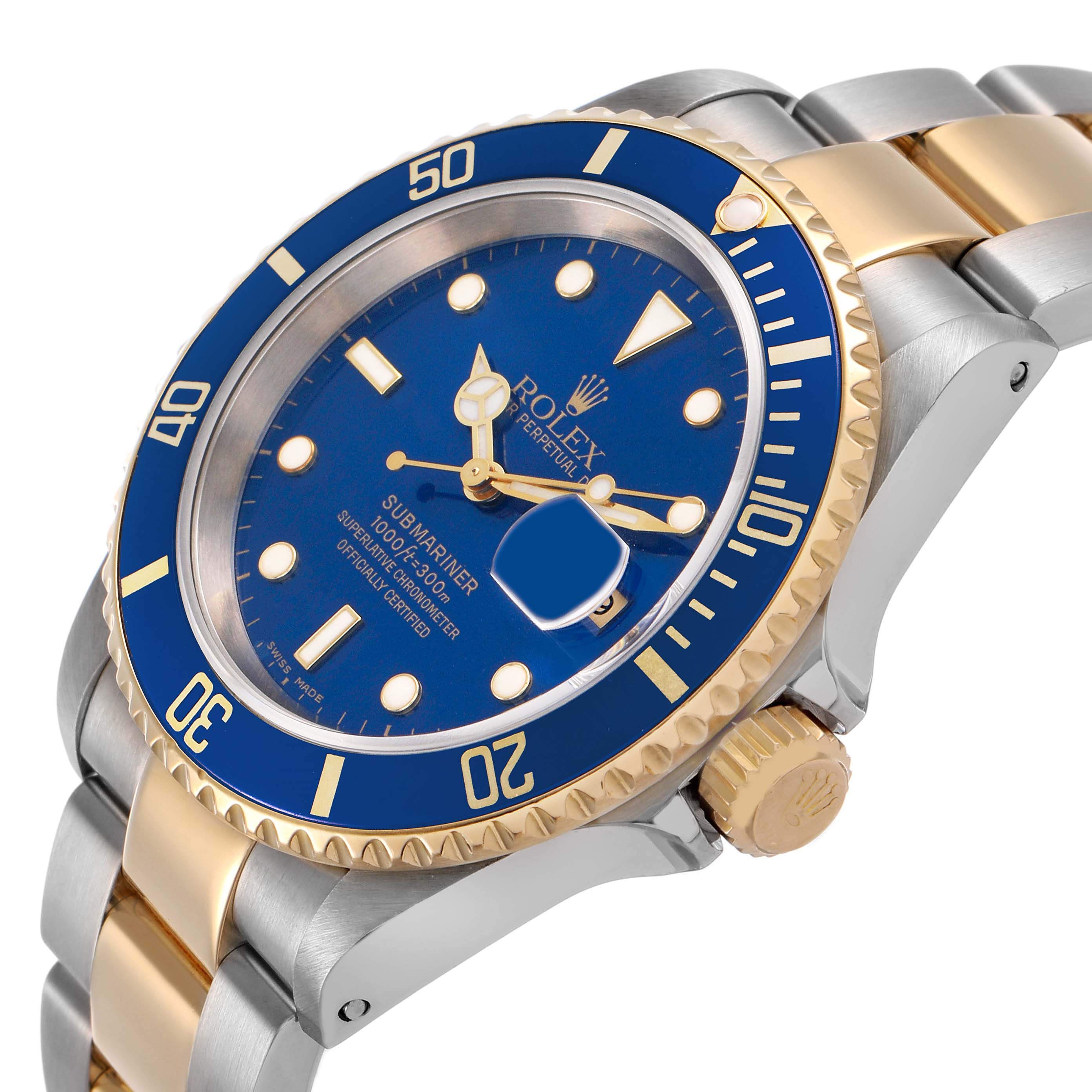 The image shows a Rolex Submariner 16613 Men's Steel and Gold (two tone) Blue Dial at a three-quarter angle, highlighting its blue dial, bezel, and two-tone bracelet.