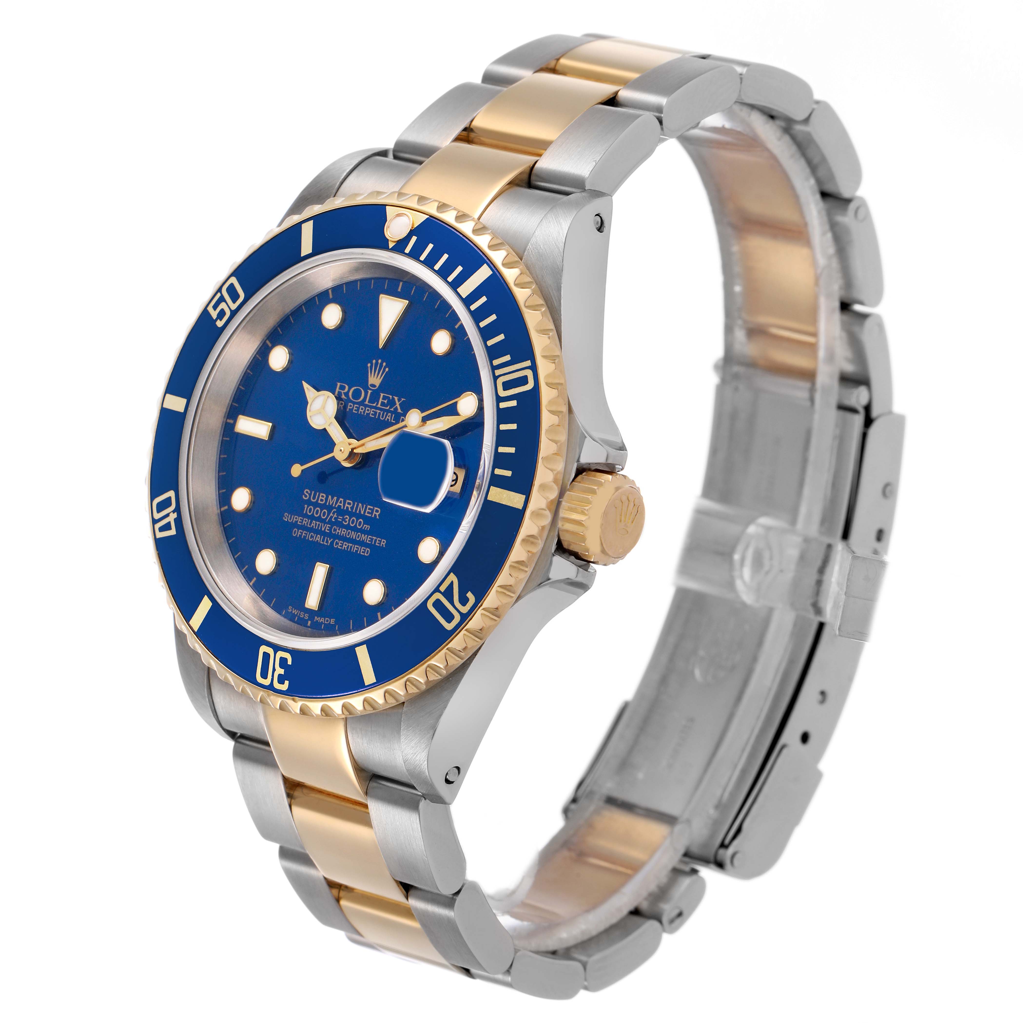 The Rolex Submariner 16613 Men's Steel and Gold (two tone) Blue Dial is shown at an angled perspective, highlighting the blue dial, bezel, and two-tone bracelet.