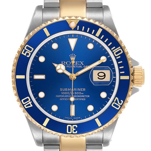 The Rolex Submariner 16613 Men's Steel and Gold (two tone) Blue Dial watch is shown from a front view, highlighting its blue dial, gold accents, and rotating bezel.