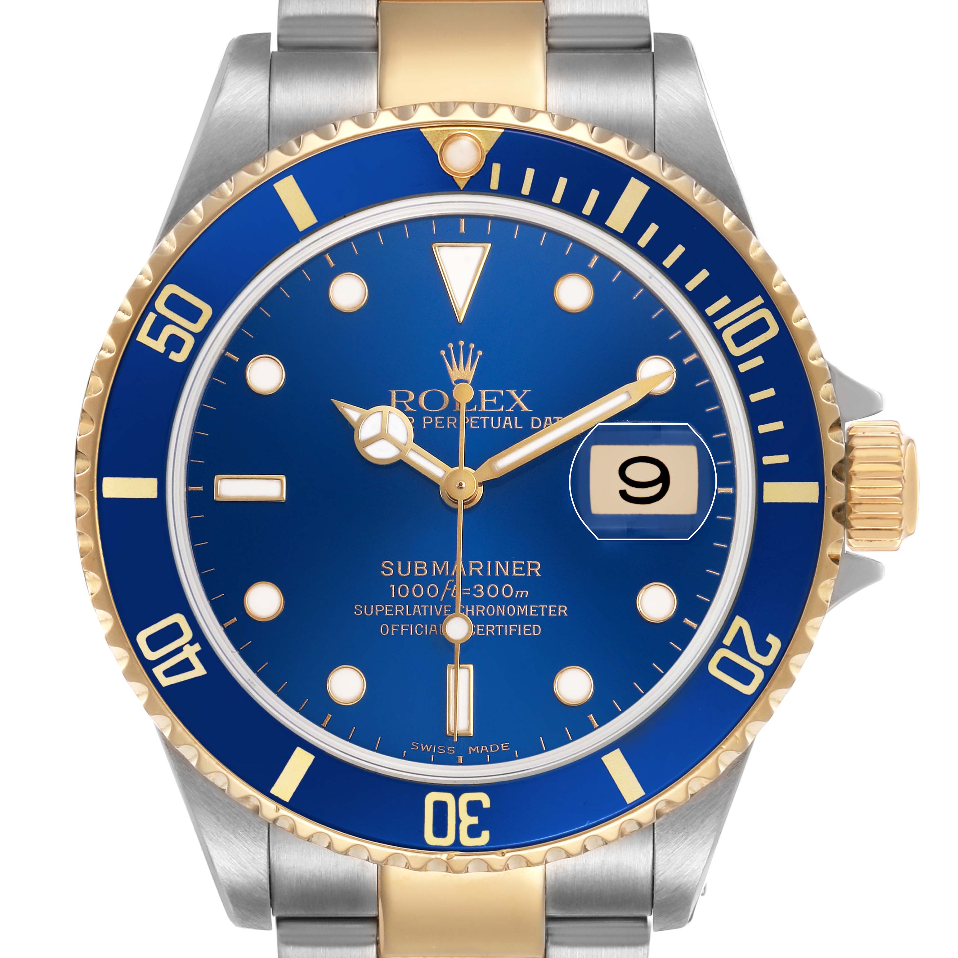The Rolex Submariner 16613 Men's Steel and Gold (two tone) Blue Dial is shown from a top-down angle, highlighting the bezel, dial, hands, and bracelet.
