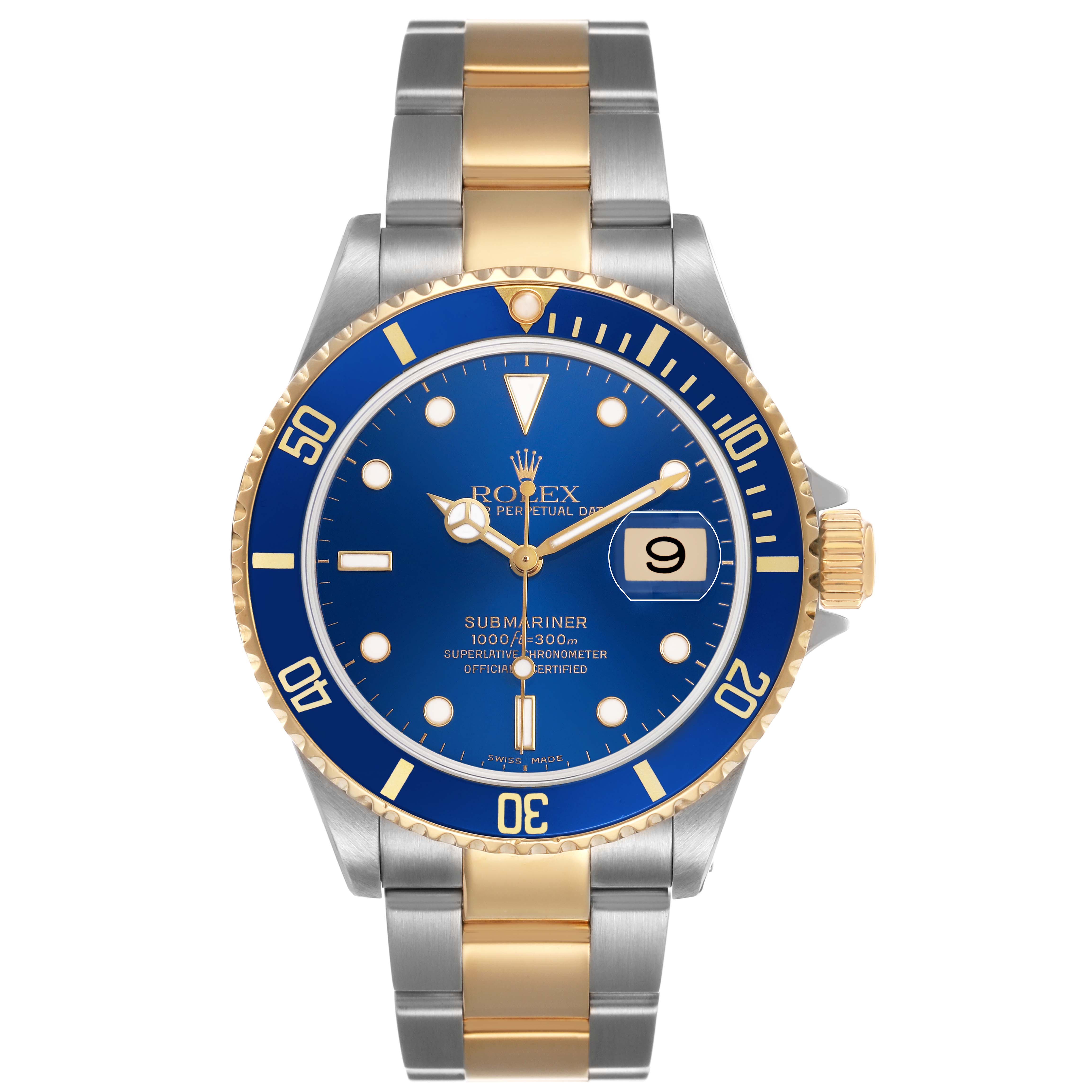 The Rolex Submariner 16613 Men's Steel and Gold (two tone) Blue Dial watch is shown from the front, highlighting its blue dial, gold bezel, and two-tone bracelet.