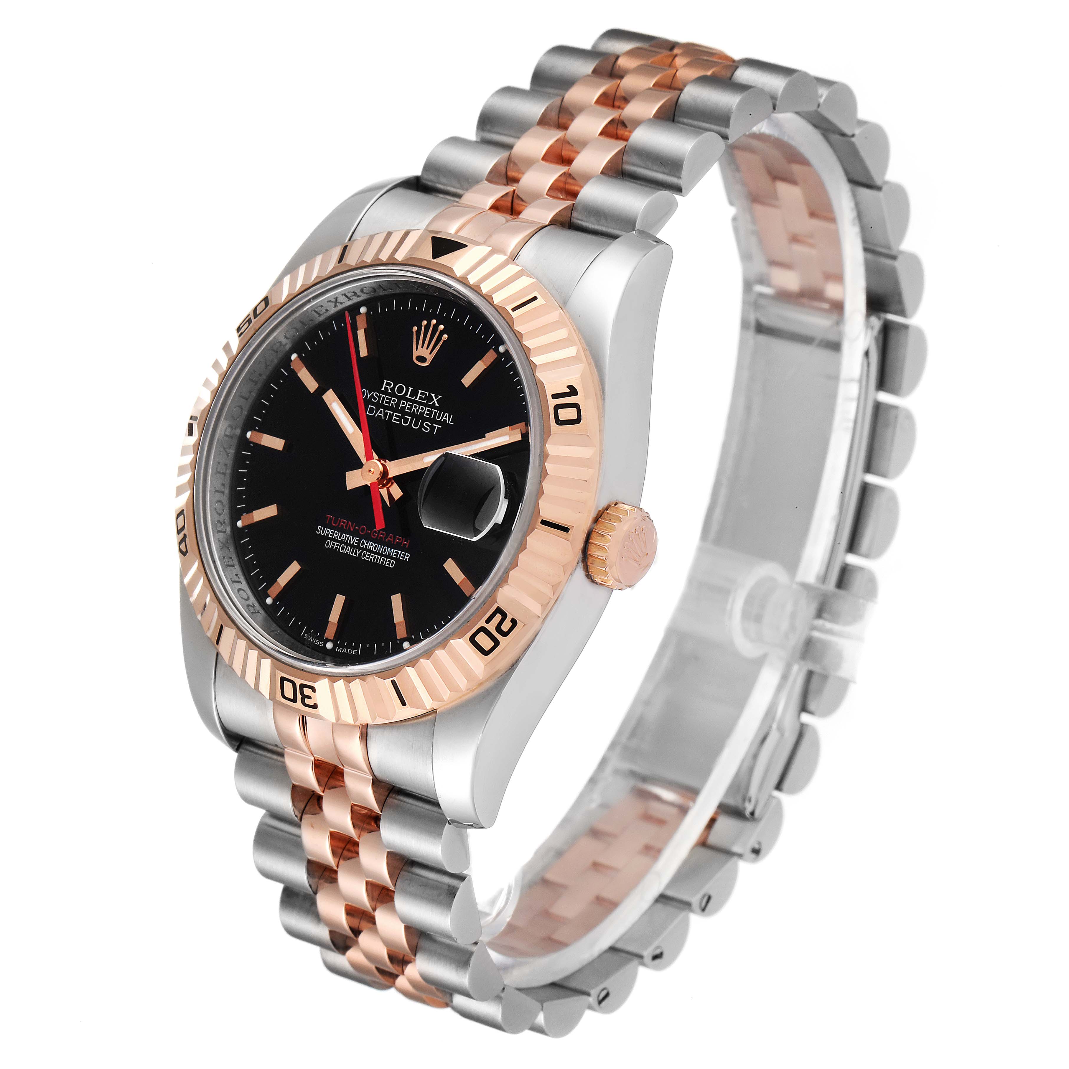 The image shows a Rolex Turn-o-Graph 116261 Men
s Steel and Gold (two tone) Black Dial 116261 Men
s Steel and Gold (two tone) Black Dial watch at an oblique angle, highlighting the dial, bezel, crown, and bracelet.