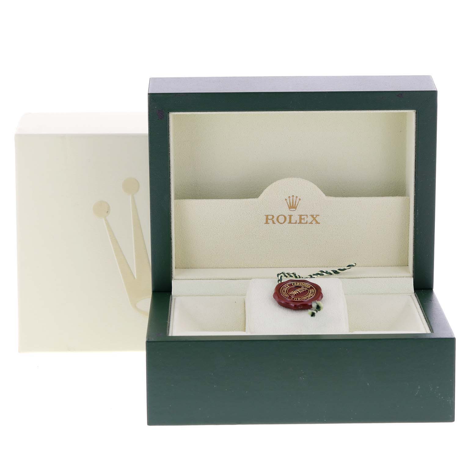 This image shows the open box of a Rolex Turn-o-Graph 116261 Men
s Steel and Gold (two tone) Black Dial 116261 Men
s Steel and Gold (two tone) Black Dial watch, with the interior and seal visible.