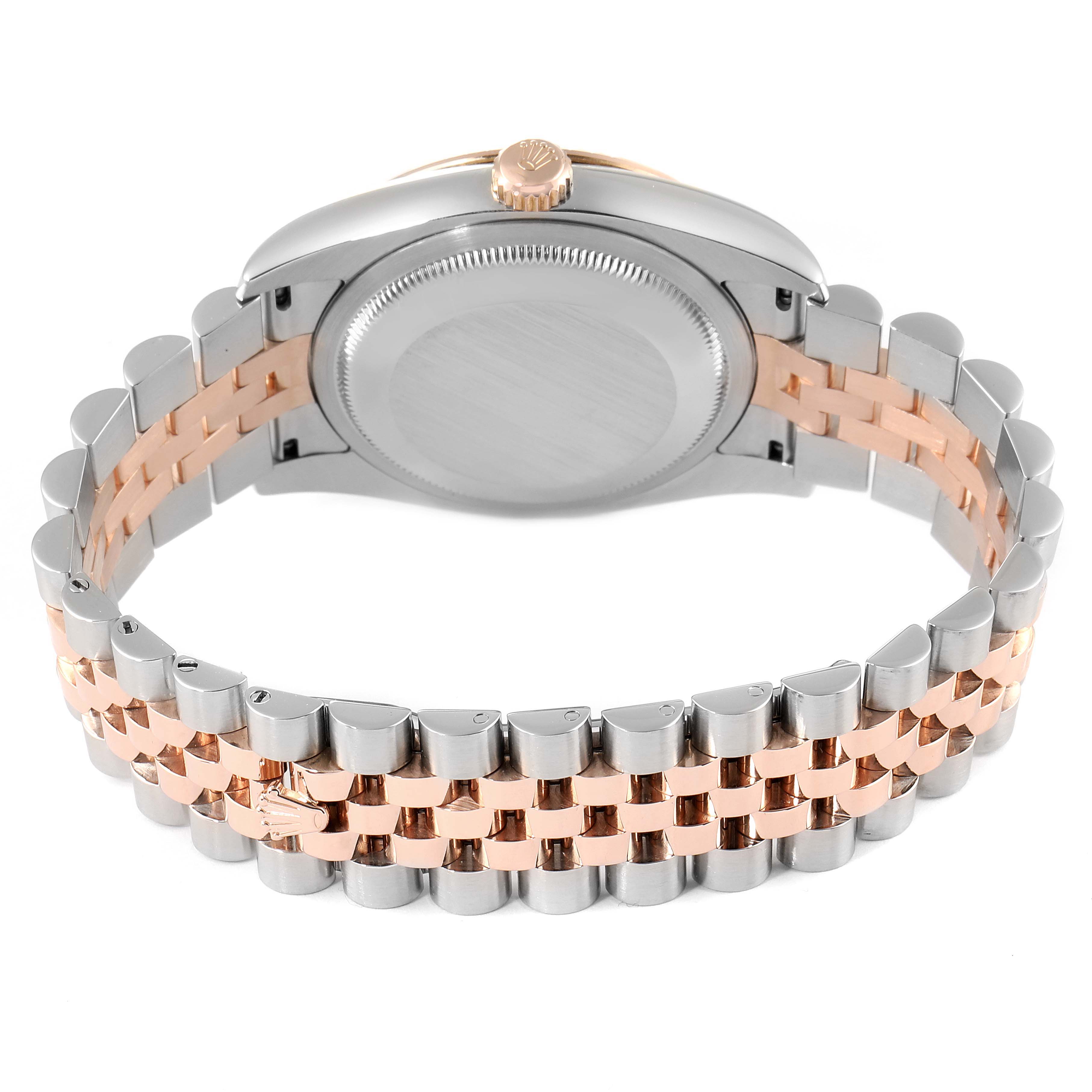 The image shows the back and bottom side angle of the bracelet and case of a Rolex Turn-o-Graph 116261 Men
s Steel and Gold (two tone) Black Dial 116261 Men
s Steel and Gold (two tone) Black Dial watch.