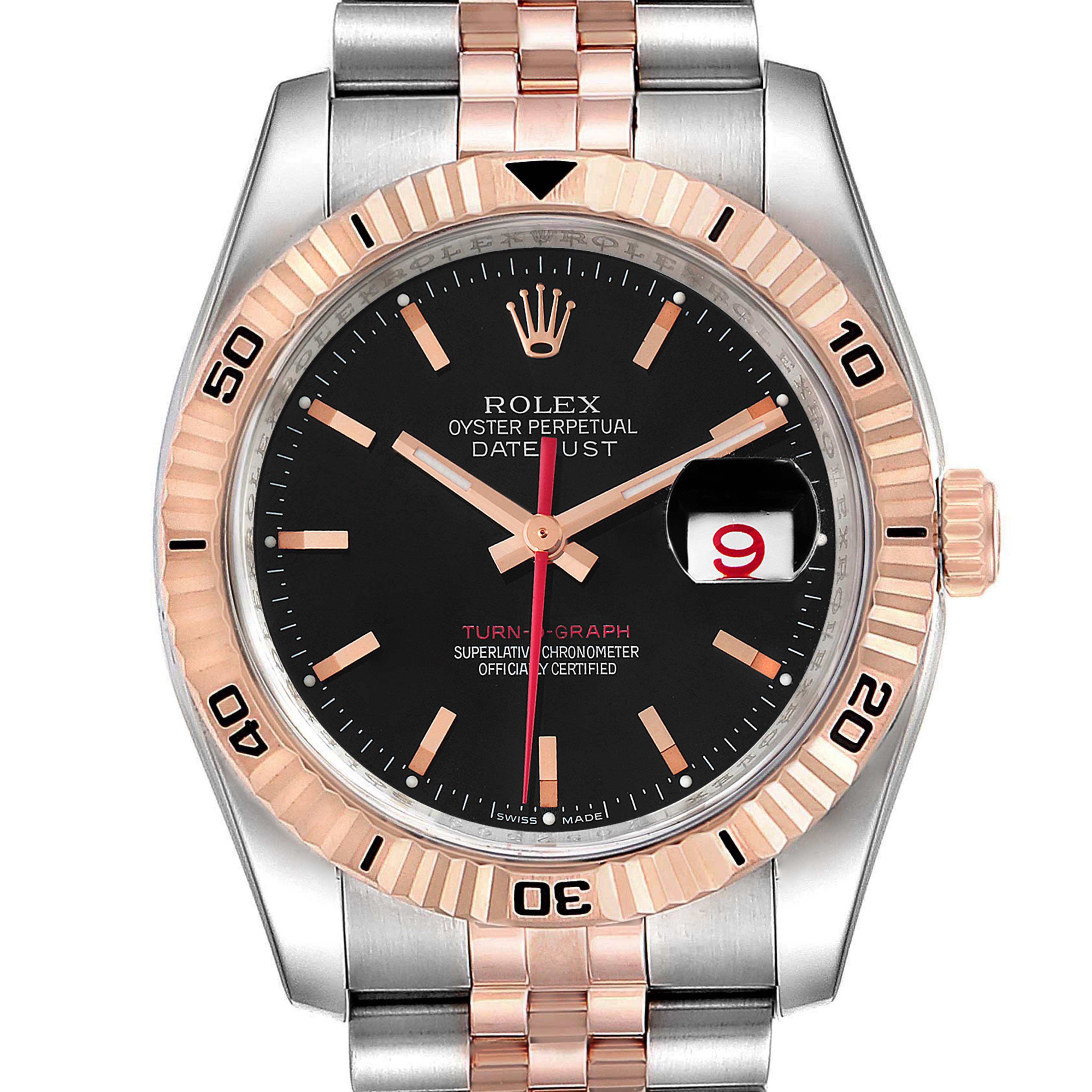 This image features a front view of a Rolex Turn-o-Graph 116261 Men
s Steel and Gold (two tone) Black Dial 116261 Men
s Steel and Gold (two tone) Black Dial watch showing the face, bezel, and partial bracelet.