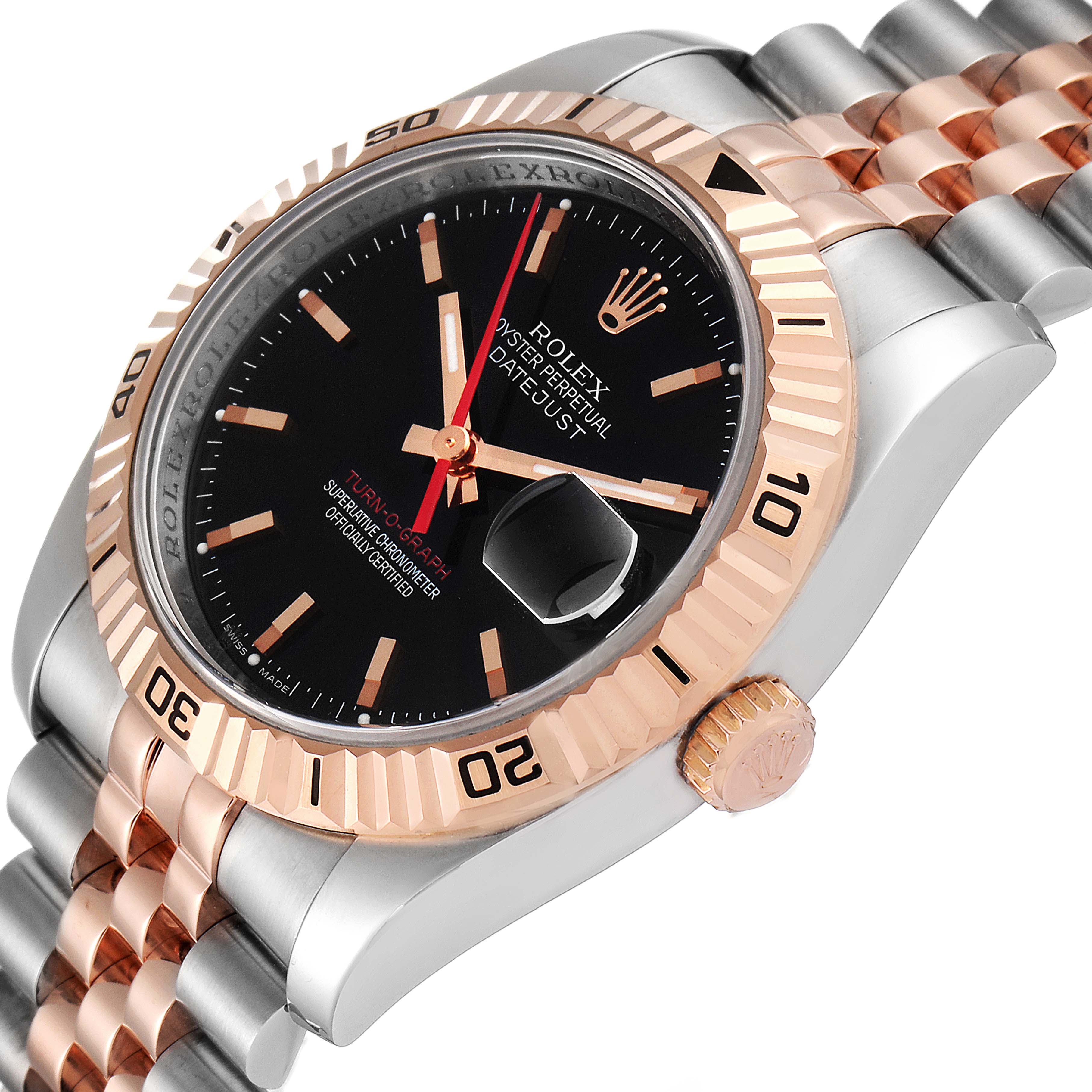 This image of the Rolex Turn-o-Graph 116261 Men
s Steel and Gold (two tone) Black Dial 116261 Men
s Steel and Gold (two tone) Black Dial watch shows an angled view highlighting the dial, bezel, and the two-tone bracelet.