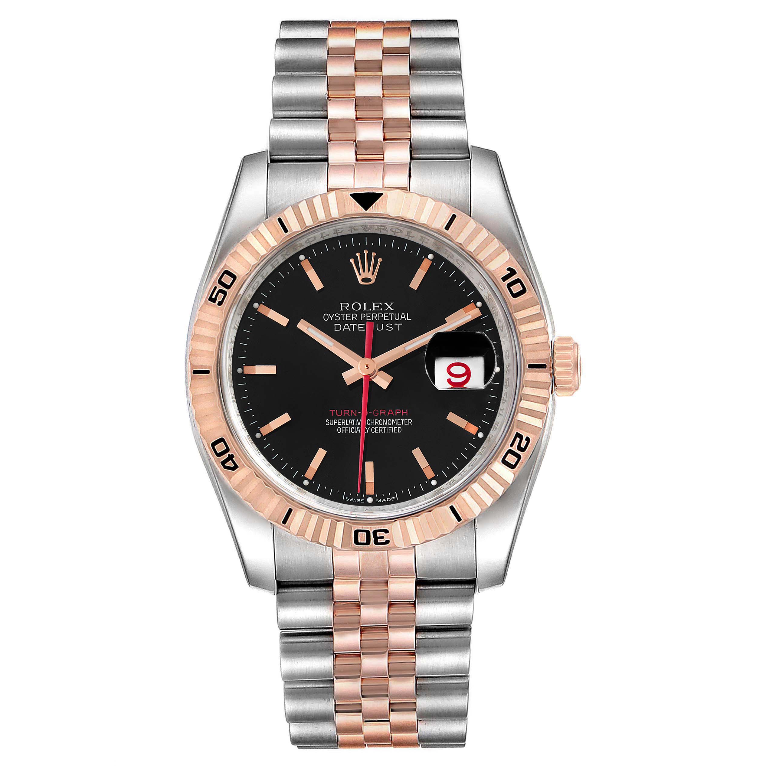 The Rolex Turn-o-Graph 116261 Men
s Steel and Gold (two tone) Black Dial 116261 Men
s Steel and Gold (two tone) Black Dial watch is shown from the front, displaying its dial, bezel, hands, bracelet, and date window.
