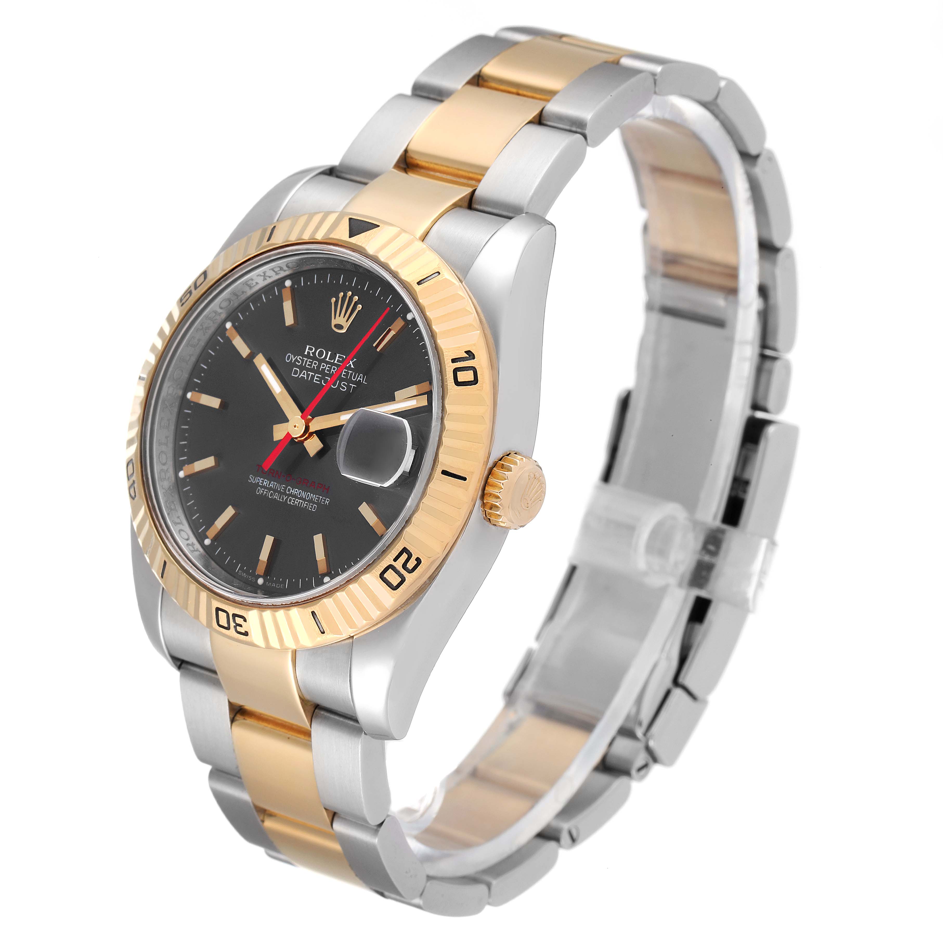 The Rolex Turn-o-Graph 116263 Men
s Steel and Gold (two tone) Grey Dial 116263 Men
s Steel and Gold (two tone) Grey Dial watch is shown at a three-quarter angle, highlighting its dial, bezel, crown, and bracelet.
