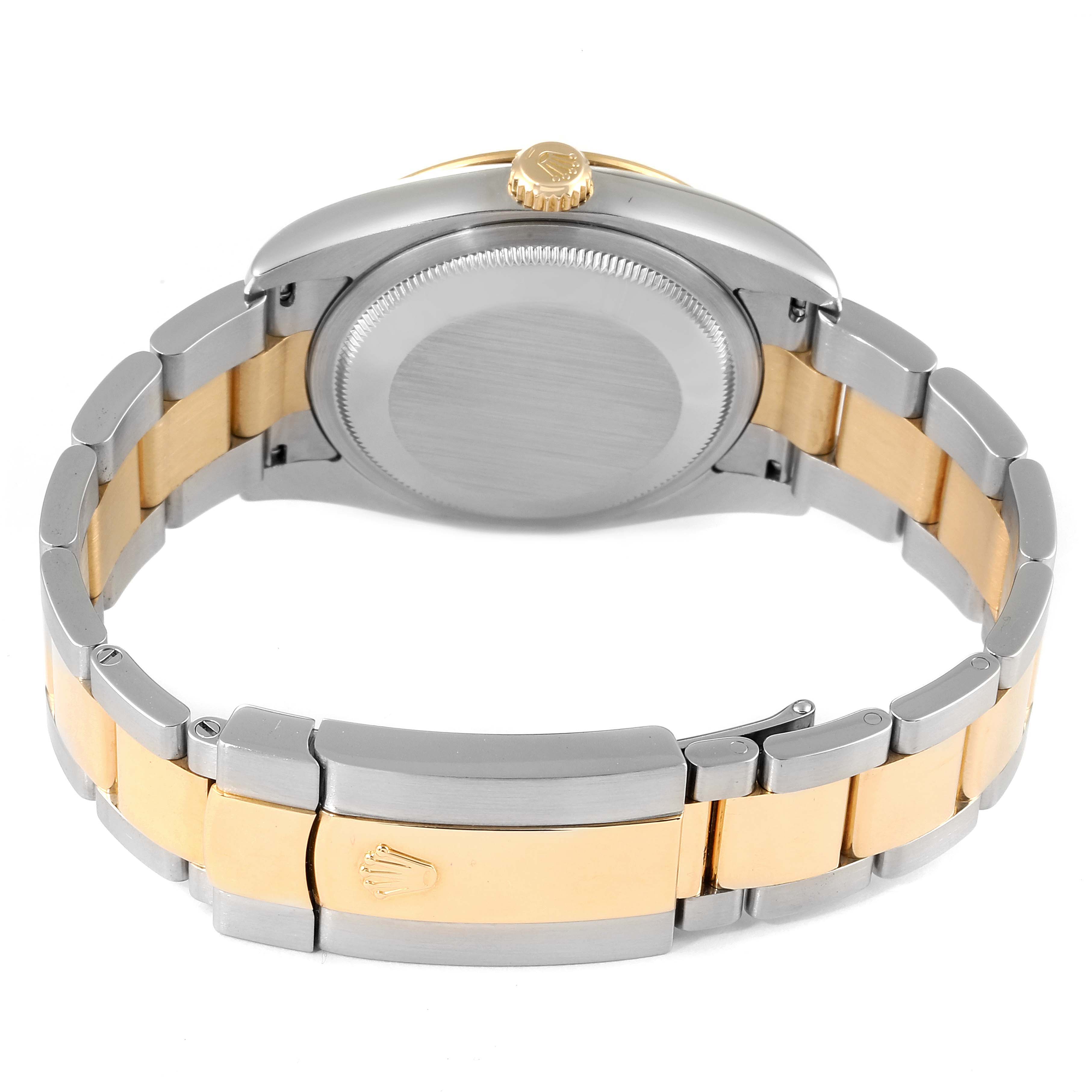 This image shows the back and bracelet of the Rolex Turn-o-Graph 116263 Men
s Steel and Gold (two tone) Grey Dial 116263 Men
s Steel and Gold (two tone) Grey Dial watch, highlighting its two-tone metal design.