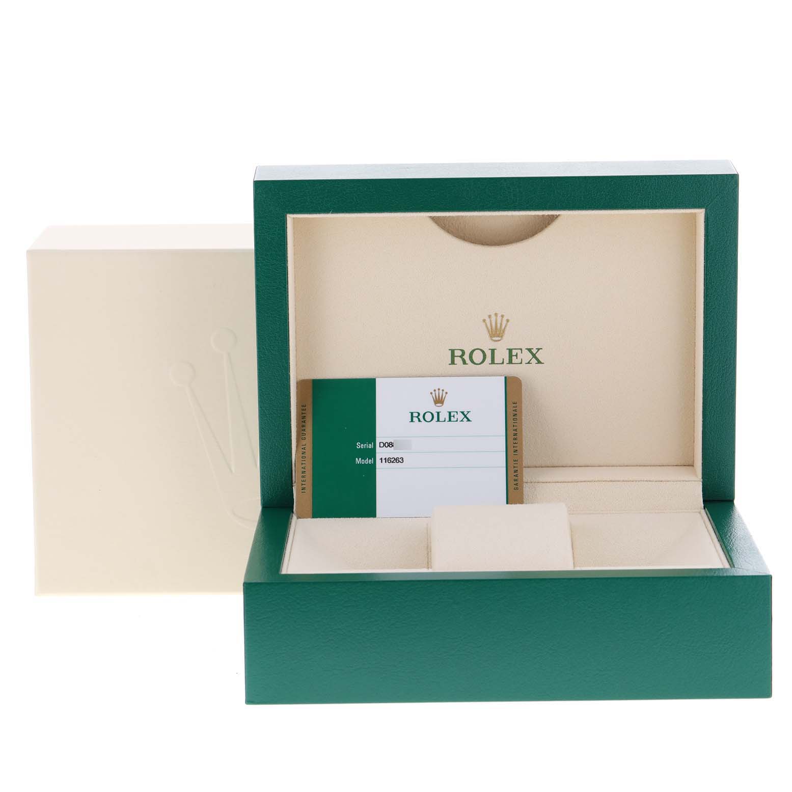 The image shows an open Rolex Turn-o-Graph 116263 Men
s Steel and Gold (two tone) Grey Dial 116263 Men
s Steel and Gold (two tone) Grey Dial watch box, displaying the warranty card for model 116263.