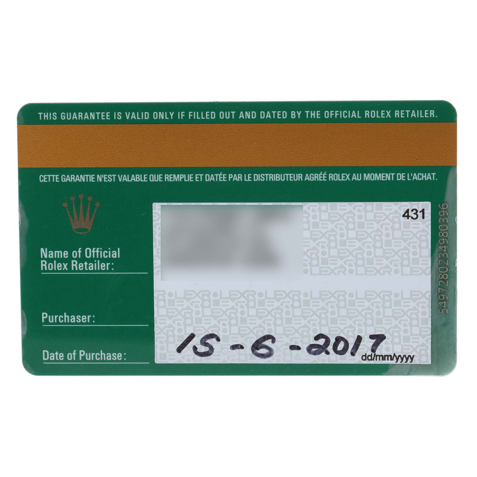 This image shows a guarantee card for the Rolex Turn-o-Graph 116263 Men
s Steel and Gold (two tone) Grey Dial 116263 Men
s Steel and Gold (two tone) Grey Dial, dated 15-6-2017.