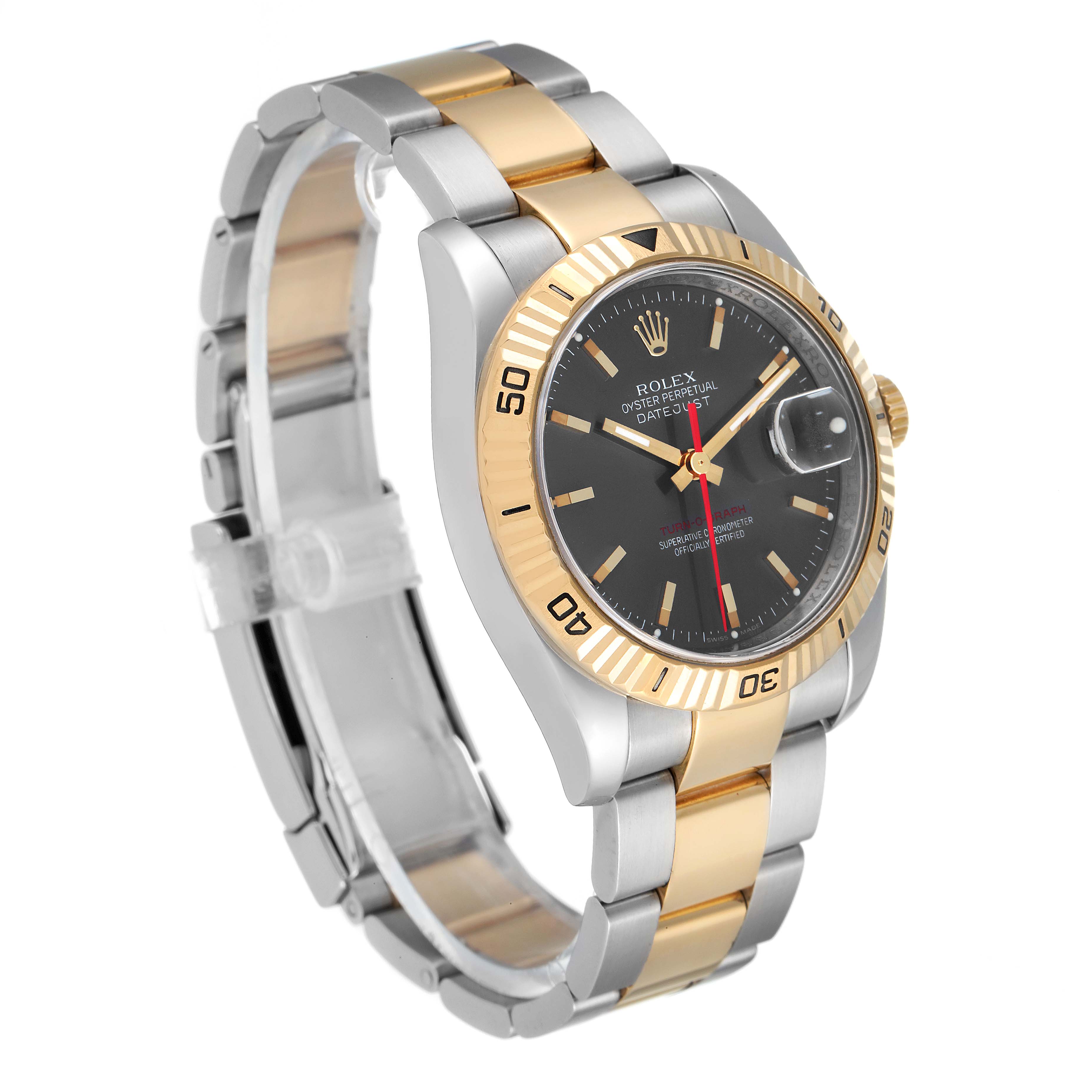 The image shows a side and partial top view of a Rolex Turn-o-Graph 116263 Men
s Steel and Gold (two tone) Grey Dial 116263 Men
s Steel and Gold (two tone) Grey Dial watch, highlighting its two-tone bracelet and bezel.