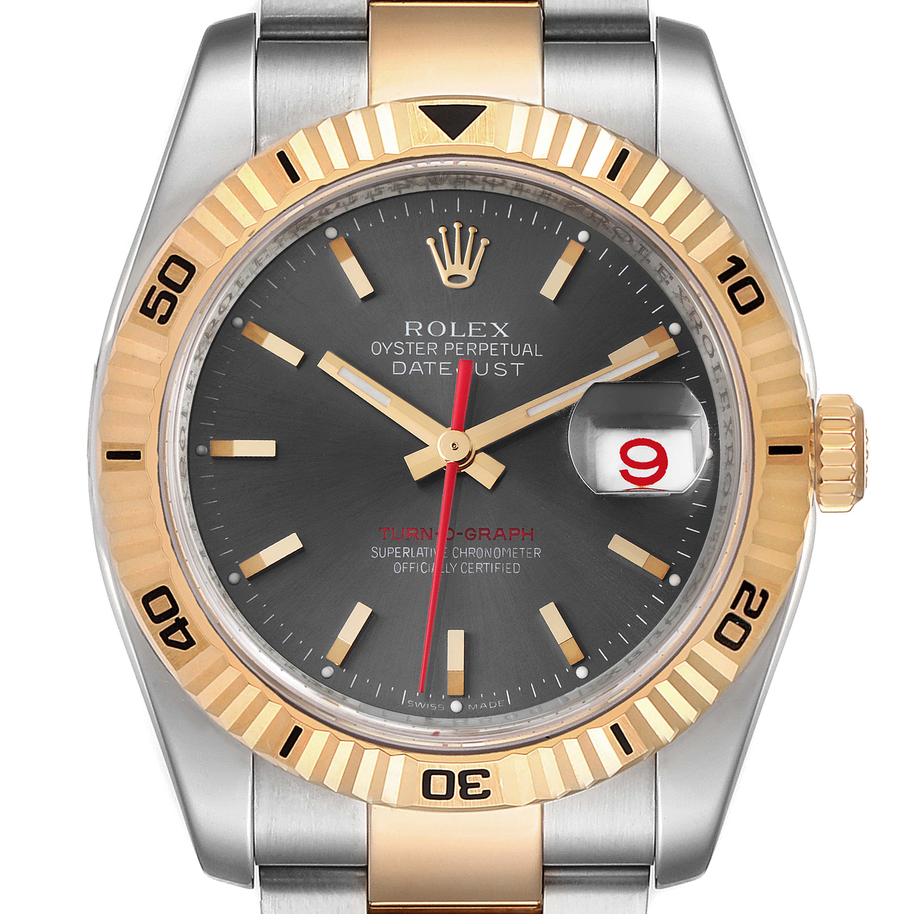 This image shows a front view of a Rolex Turn-o-Graph 116263 Men
s Steel and Gold (two tone) Grey Dial 116263 Men
s Steel and Gold (two tone) Grey Dial watch featuring a gold bezel and stainless steel band.