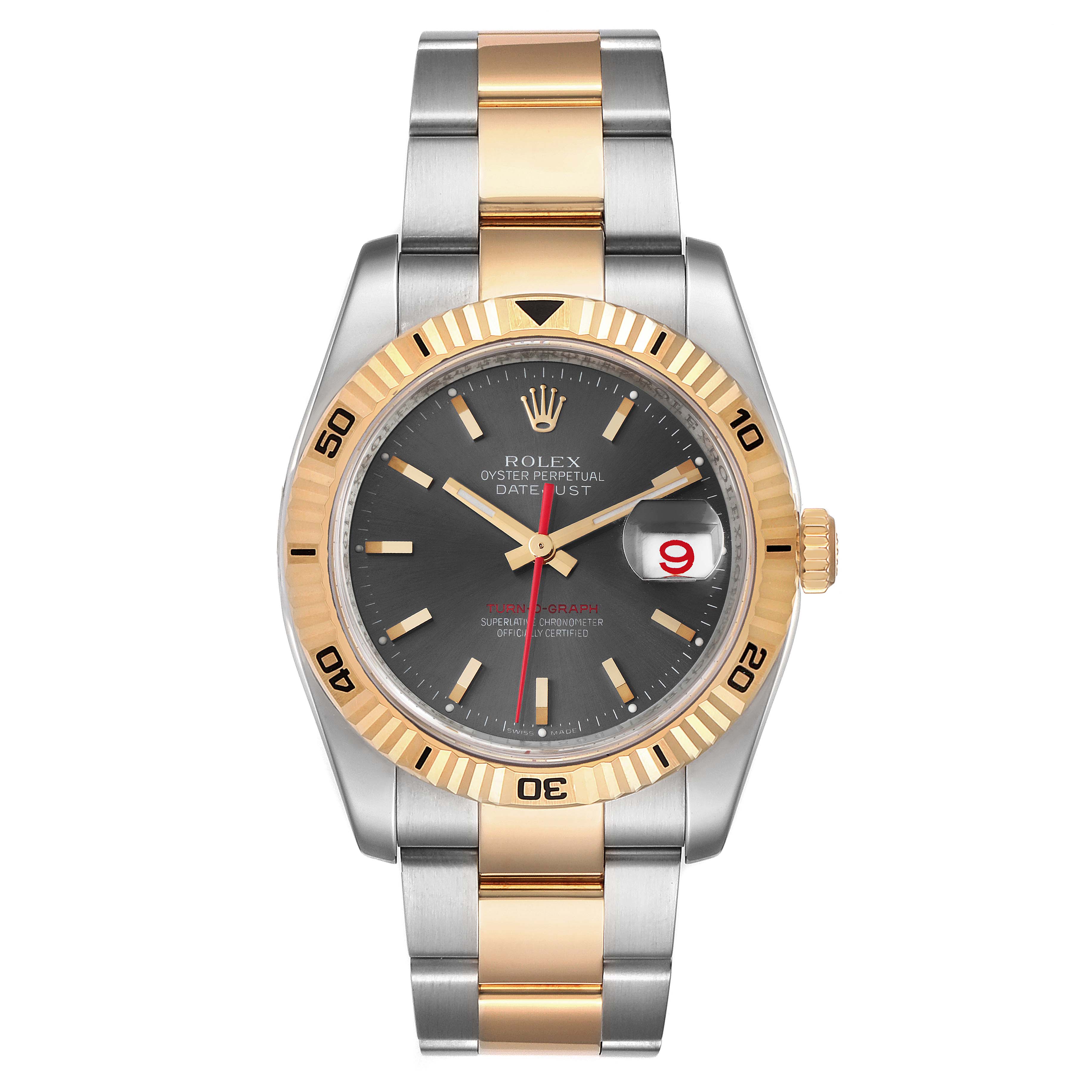 This image shows a front view of a Rolex Turn-o-Graph 116263 Men
s Steel and Gold (two tone) Grey Dial 116263 Men
s Steel and Gold (two tone) Grey Dial watch, highlighting its gold and stainless steel bracelet, black dial, and date function.