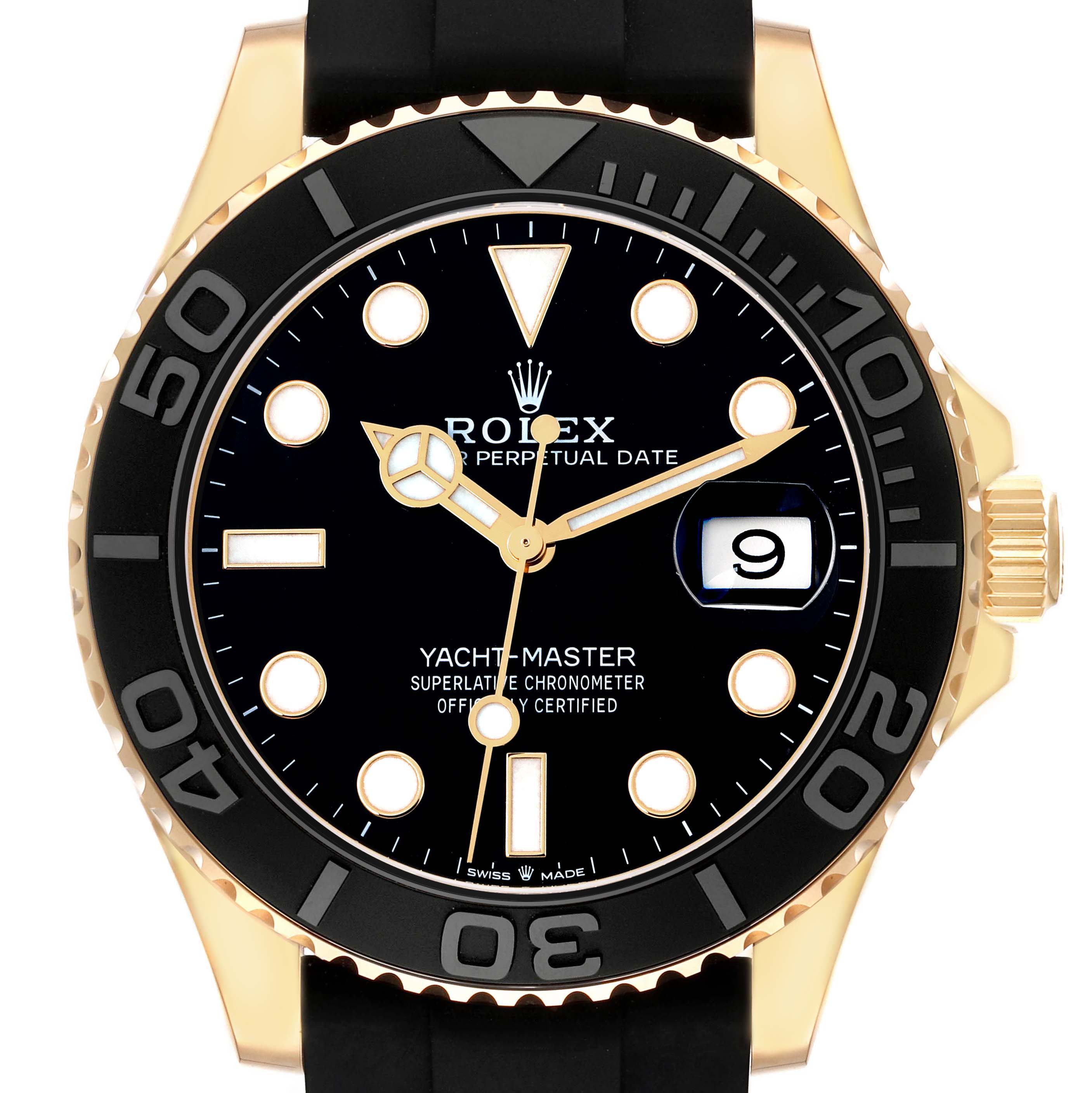 The Rolex Yacht-Master model 226658 is shown from a front angle, displaying the black dial, gold accents, bezel, and rubber strap.