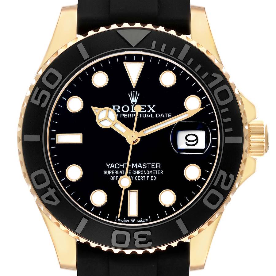 The Rolex Yacht-Master model 226658 is shown from a front angle, displaying the black dial, gold accents, bezel, and rubber strap.