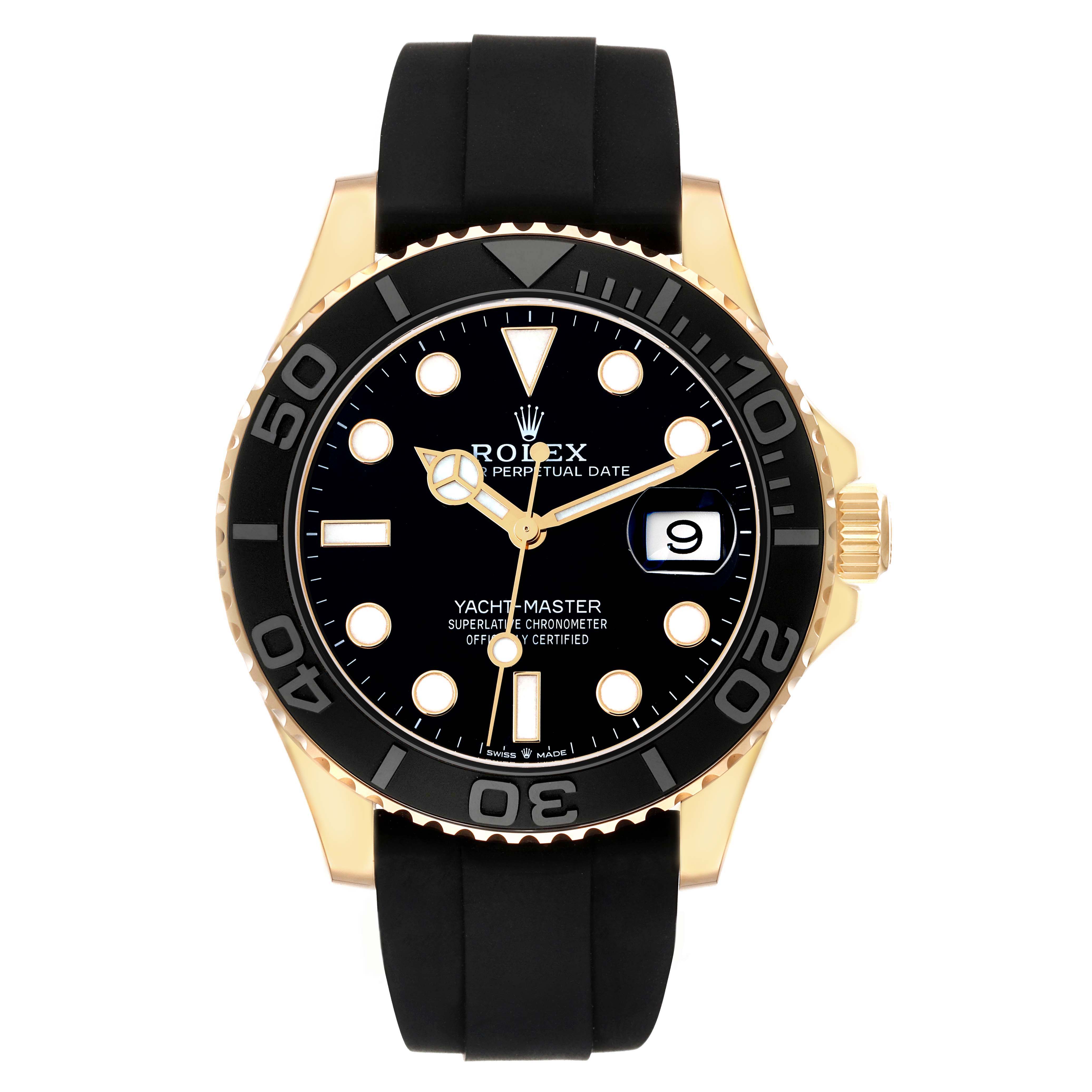The Rolex Yacht-Master model 226658 is shown from a frontal angle, displaying its black dial, bezel, and a rubber strap with gold accents.