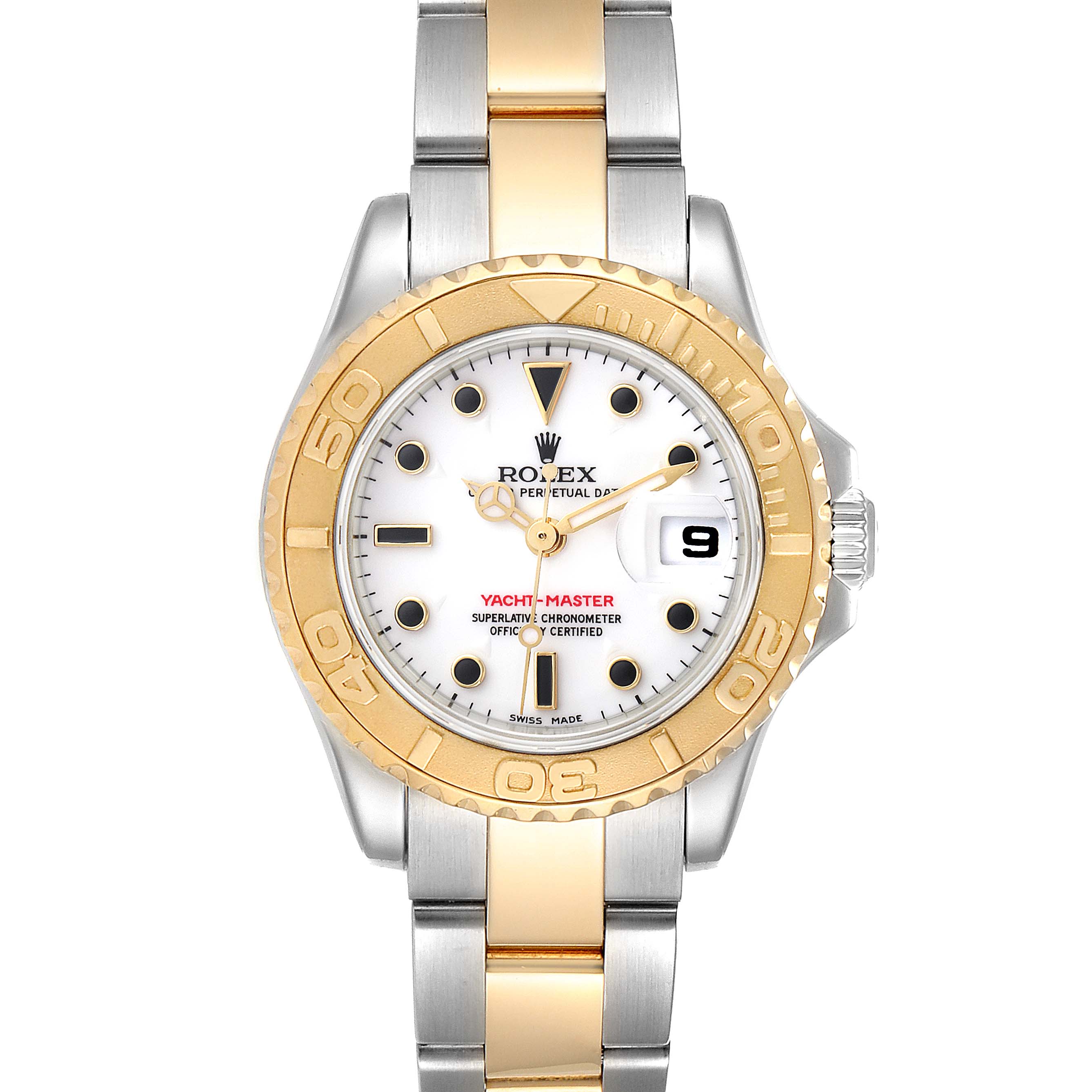 This image shows a frontal view of a Rolex Yacht-Master 169623 Women's Steel and Gold (two tone) White Dial 169623 Women's Steel and Gold (two tone) White Dial watch, displaying the dial, bezel, and bracelet.