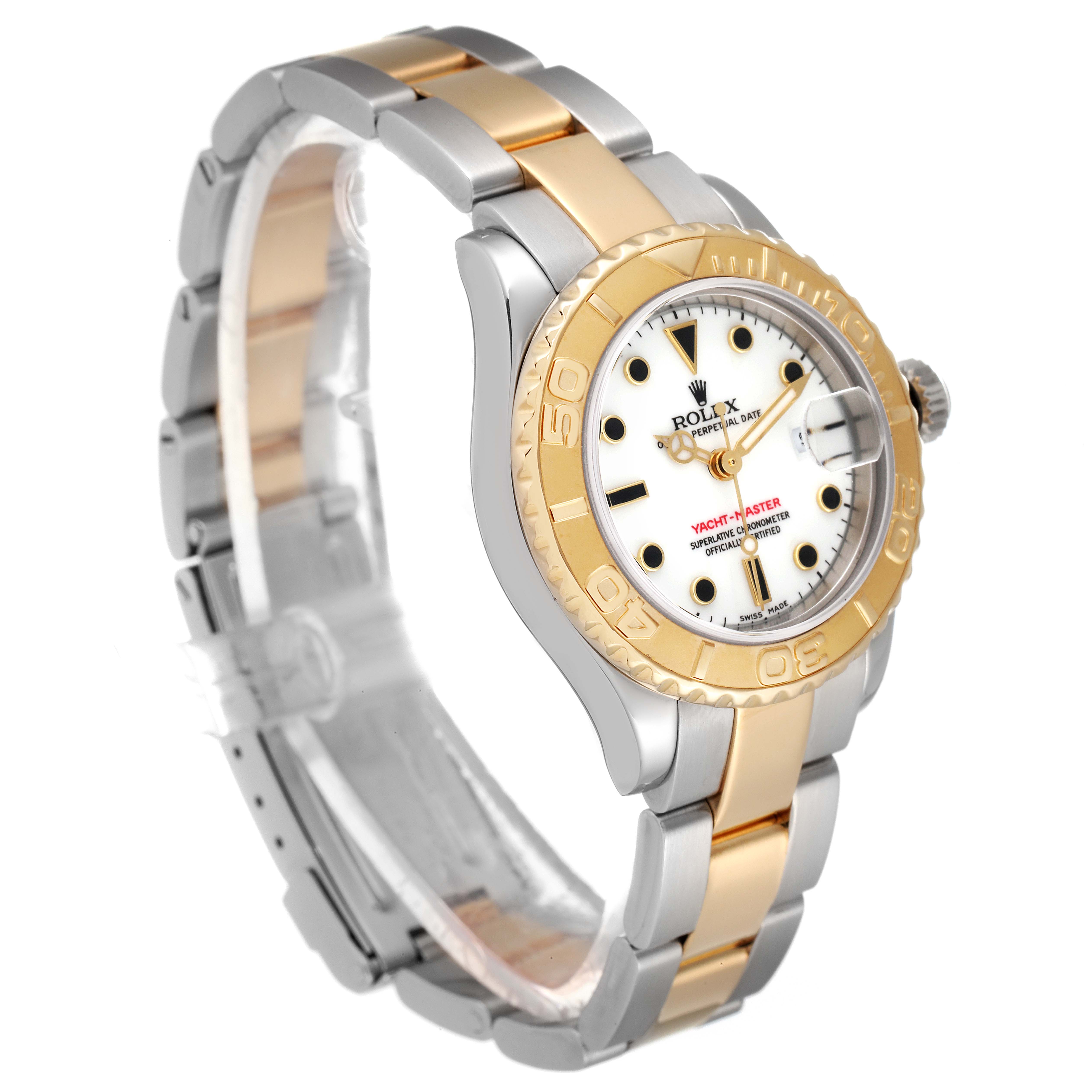 The image shows a Rolex Yacht-Master 169623 Women's Steel and Gold (two tone) White Dial 169623 Women's Steel and Gold (two tone) White Dial watch at a three-quarter angle, highlighting its bezel, dial, and bi-metal bracelet.