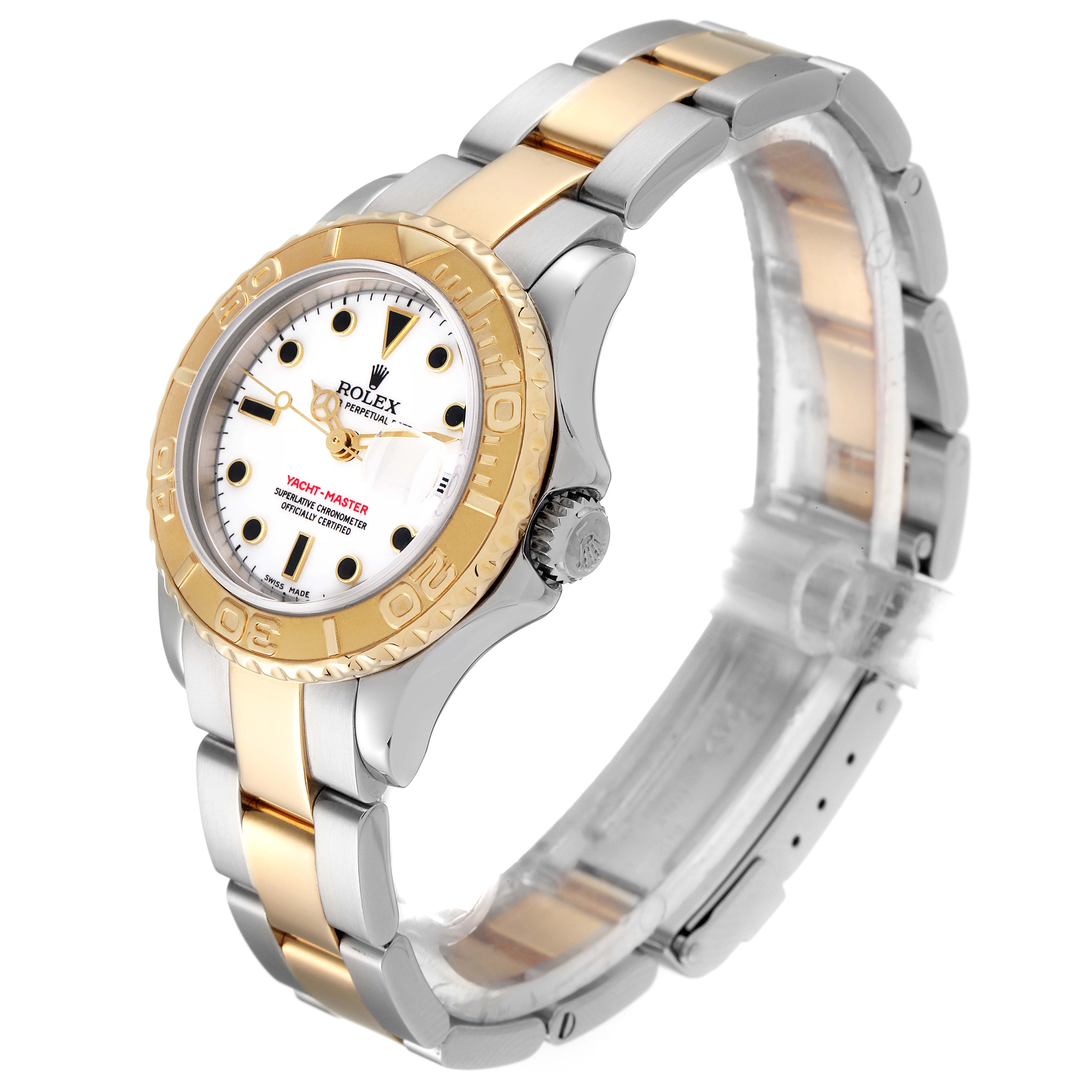The Rolex Yacht-Master 169623 Women's Steel and Gold (two tone) White Dial 169623 Women's Steel and Gold (two tone) White Dial watch is shown at an angle, displaying its face, bezel, crown, and two-tone bracelet.