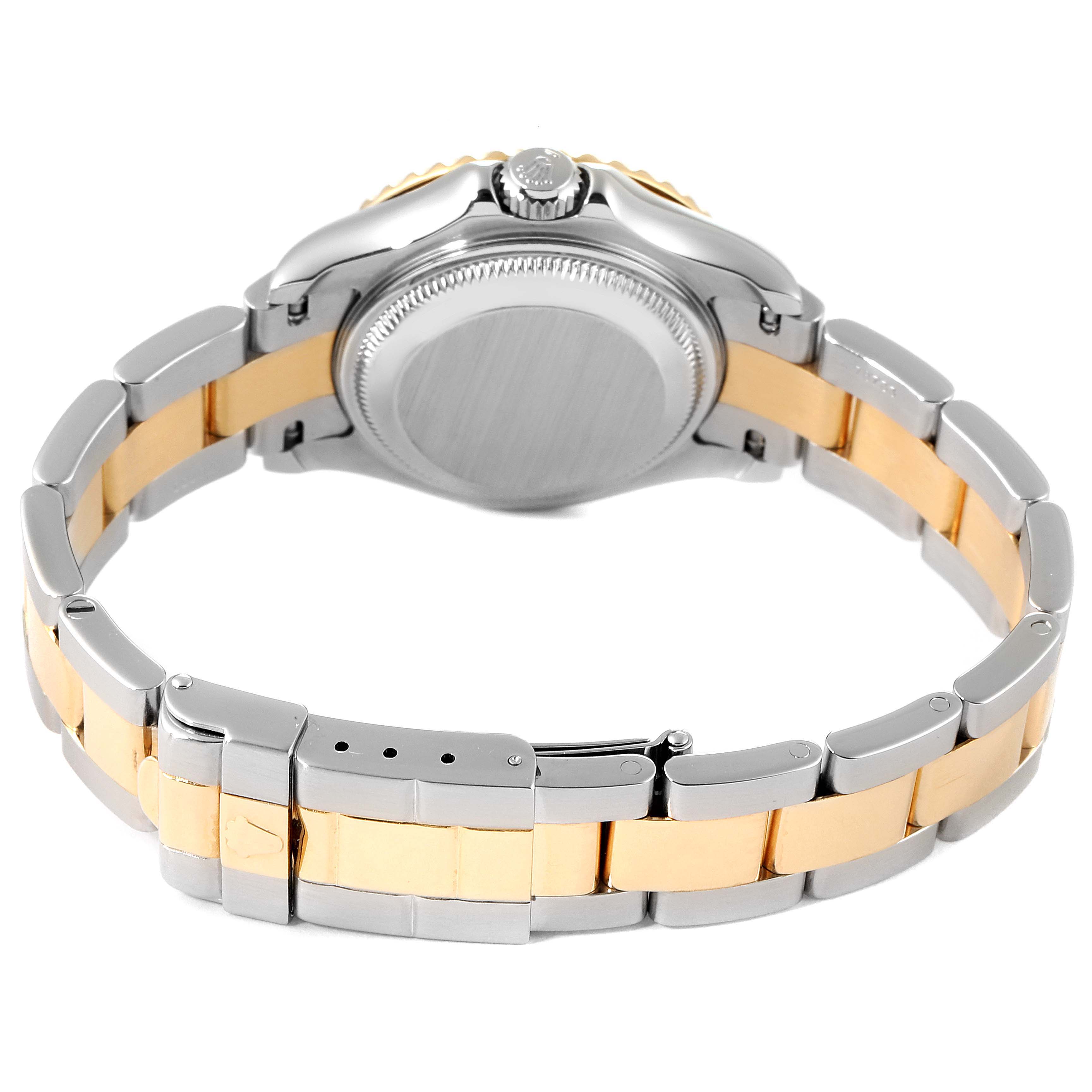 This image shows the back of a Rolex Yacht-Master 169623 Women's Steel and Gold (two tone) White Dial 169623 Women's Steel and Gold (two tone) White Dial watch, focusing on its bracelet and the case back.