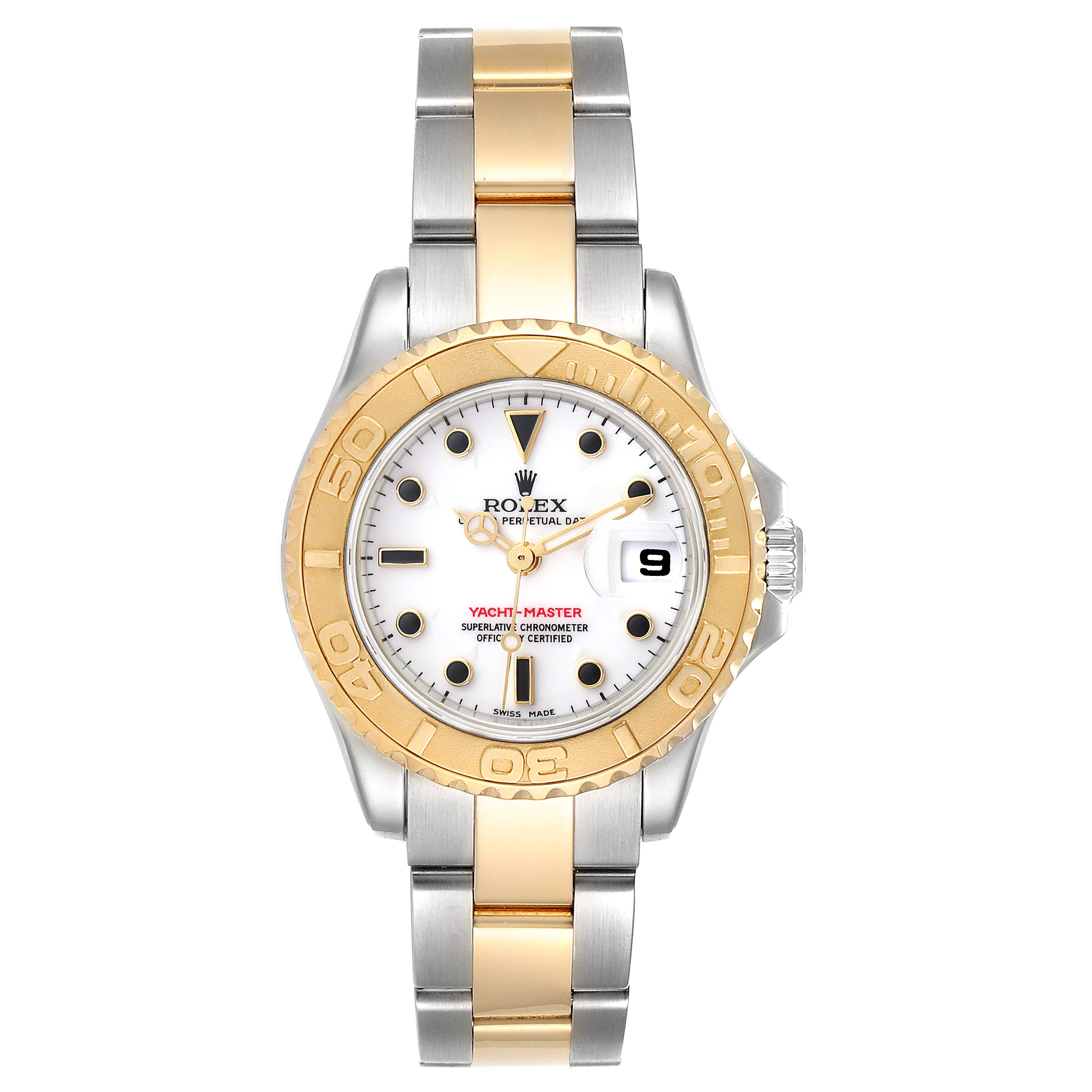 The image shows the front view of a Rolex Yacht-Master 169623 Women's Steel and Gold (two tone) White Dial 169623 Women's Steel and Gold (two tone) White Dial watch, highlighting the bezel, dial, hands, and bracelet.