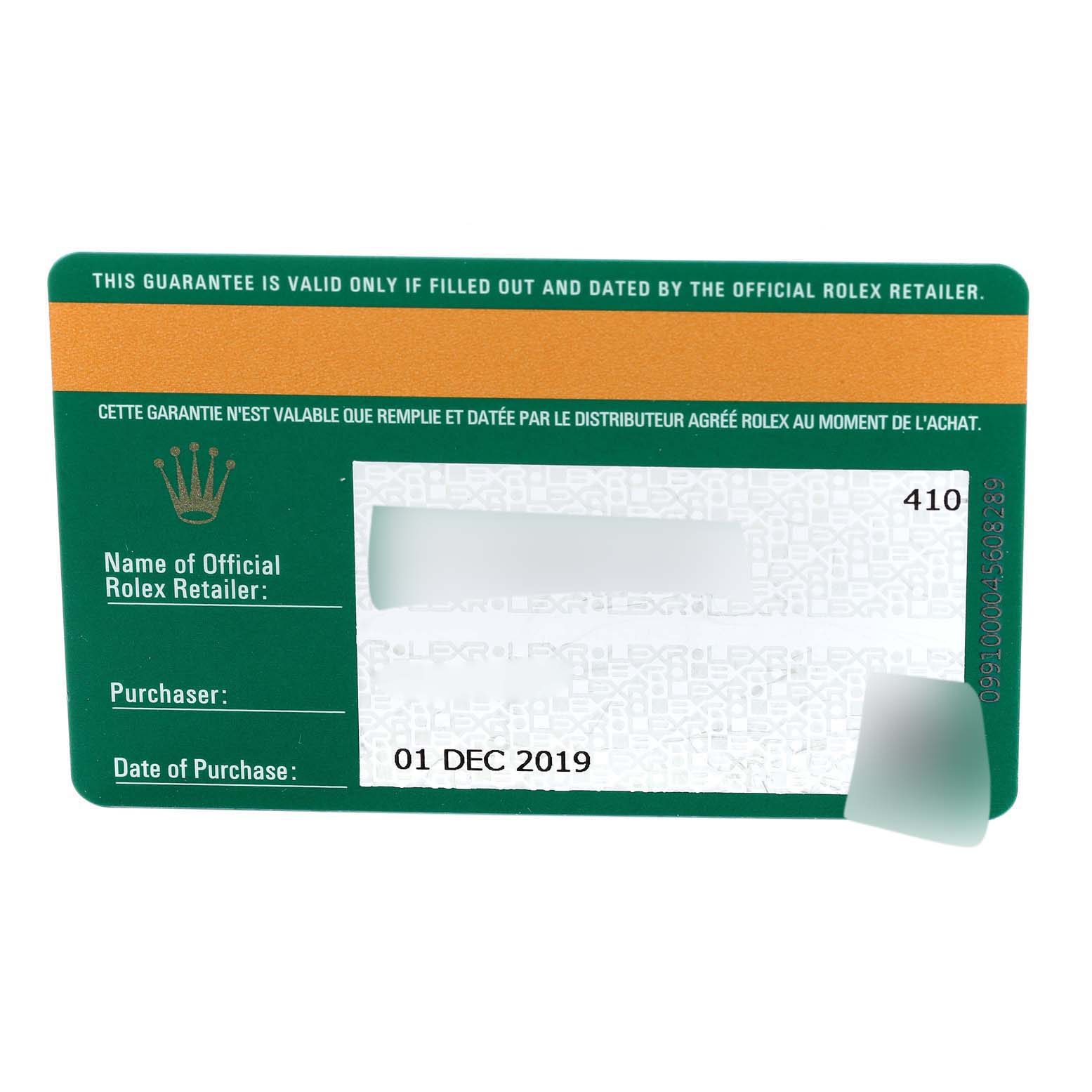 This image shows the warranty card for a Rolex Yacht-Master 268622 Men's Stainless Steel Grey Dial 268622 Men's Stainless Steel Grey Dial watch, including the purchase date and retailer information.