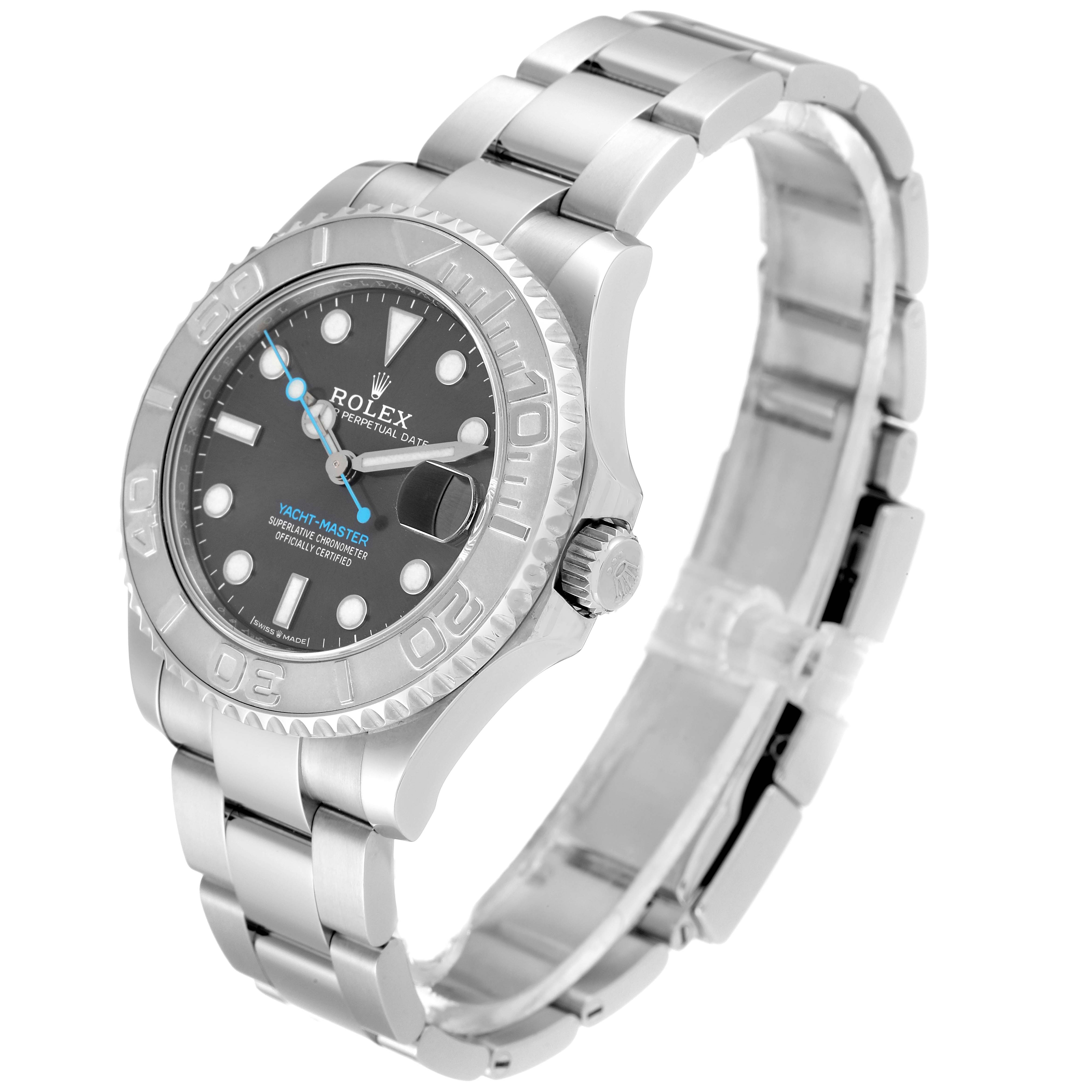 The Rolex Yacht-Master 268622 Men's Stainless Steel Grey Dial 268622 Men's Stainless Steel Grey Dial watch is shown at a three-quarter angle, highlighting the face, bezel, and bracelet.