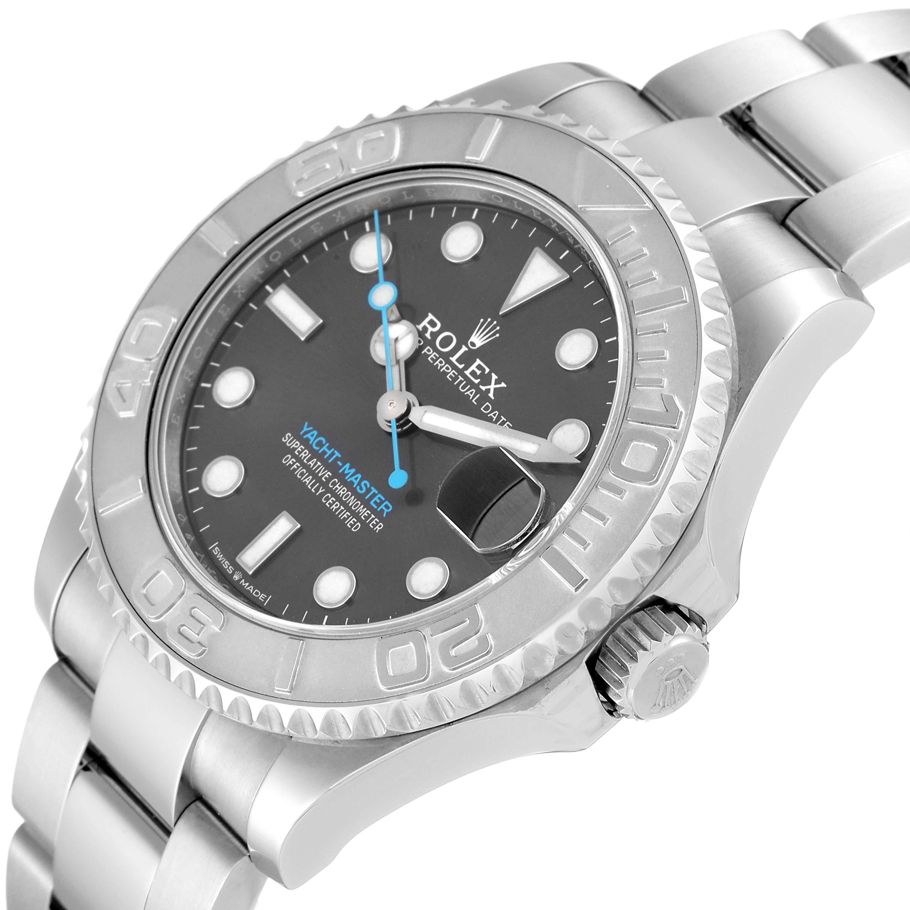 This image shows the Rolex Yacht-Master 268622 Men's Stainless Steel Grey Dial 268622 Men's Stainless Steel Grey Dial watch at an angled side view, displaying the face, bezel, crown, and part of the bracelet.