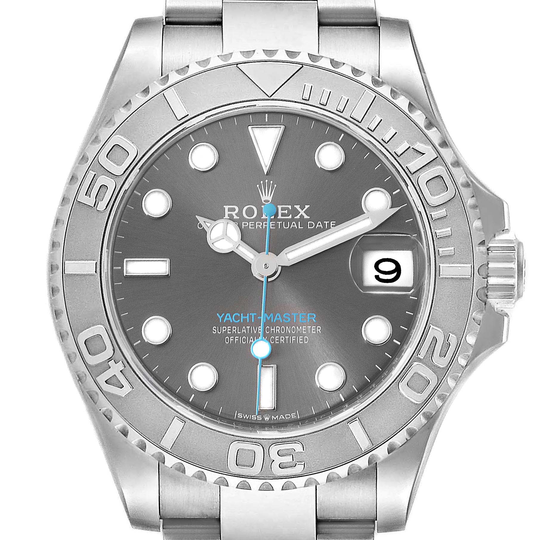 This image shows a front view of the Rolex Yacht-Master 268622 Men's Stainless Steel Grey Dial 268622 Men's Stainless Steel Grey Dial watch, displaying its face, bezel, hands, date, and part of the bracelet.