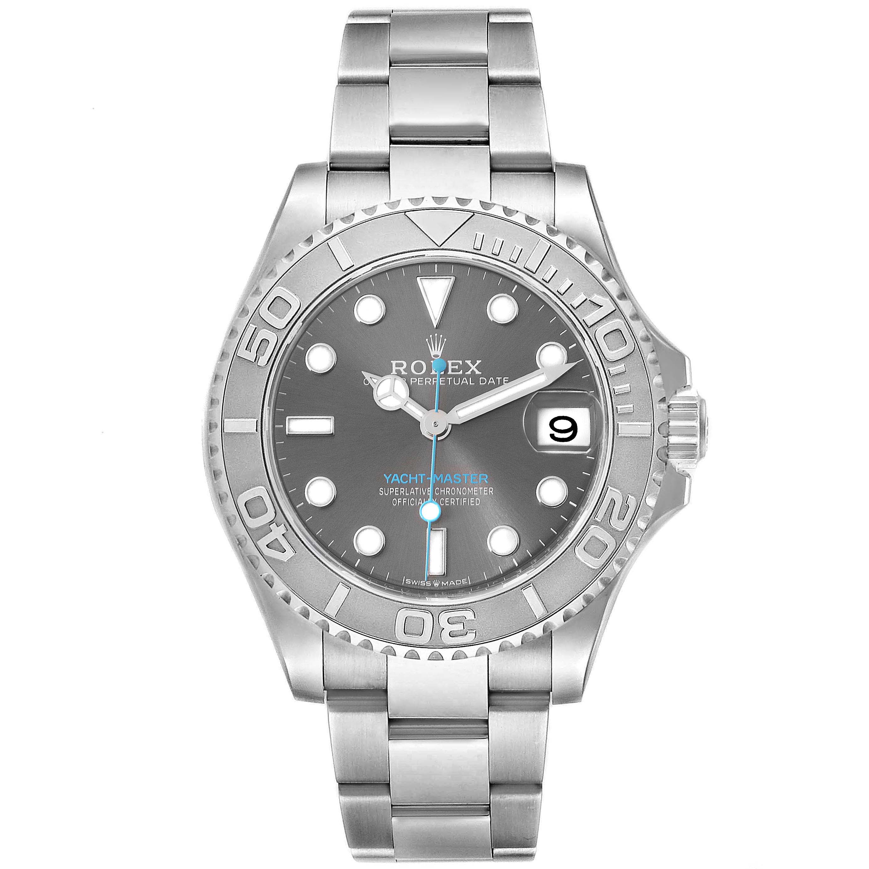 This image shows a frontal view of a Rolex Yacht-Master 268622 Men's Stainless Steel Grey Dial 268622 Men's Stainless Steel Grey Dial watch, highlighting the dial, bezel, and bracelet.