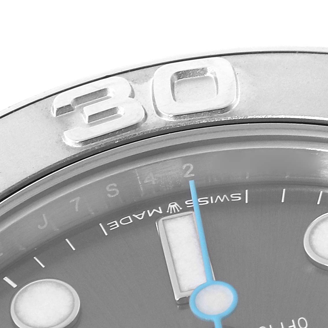 The image shows a close-up of the Rolex Yacht-Master 268622 Men's Stainless Steel Grey Dial 268622 Men's Stainless Steel Grey Dial watch face, bezel with the "30" marker, and part of the dial with indices.