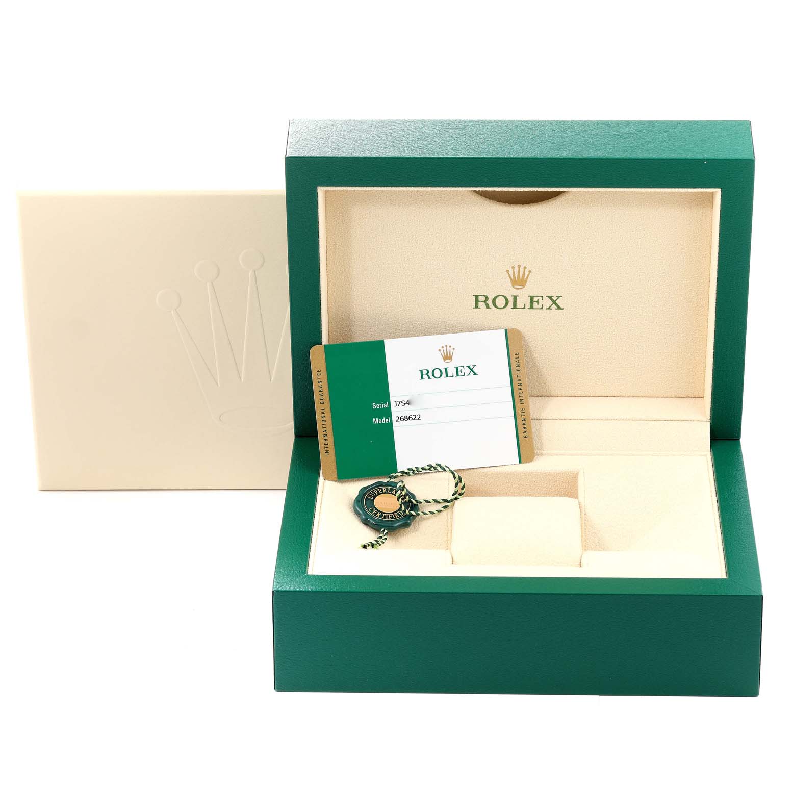 The image shows a Rolex Yacht-Master 268622 Men's Stainless Steel Grey Dial 268622 Men's Stainless Steel Grey Dial watch box, warranty card, and tag at a frontal angle.