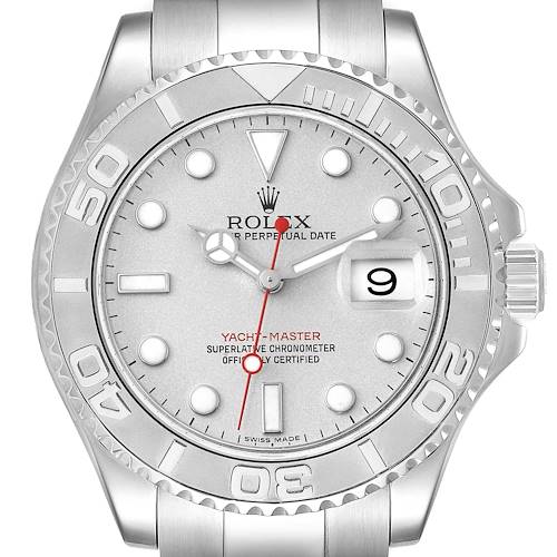 The image shows a front-facing view of the Rolex Yacht-Master watch, including the dial, bezel, and part of the bracelet.