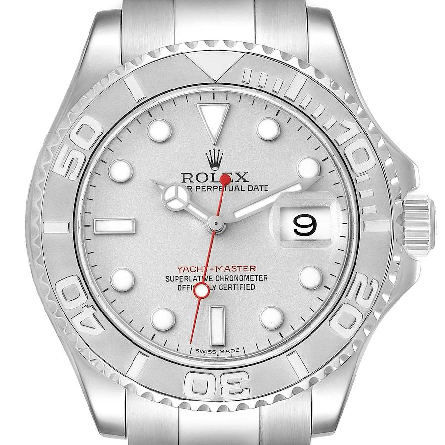 The image shows a front view of a Rolex Yacht-Master watch, highlighting the dial, bezel, and part of the band.