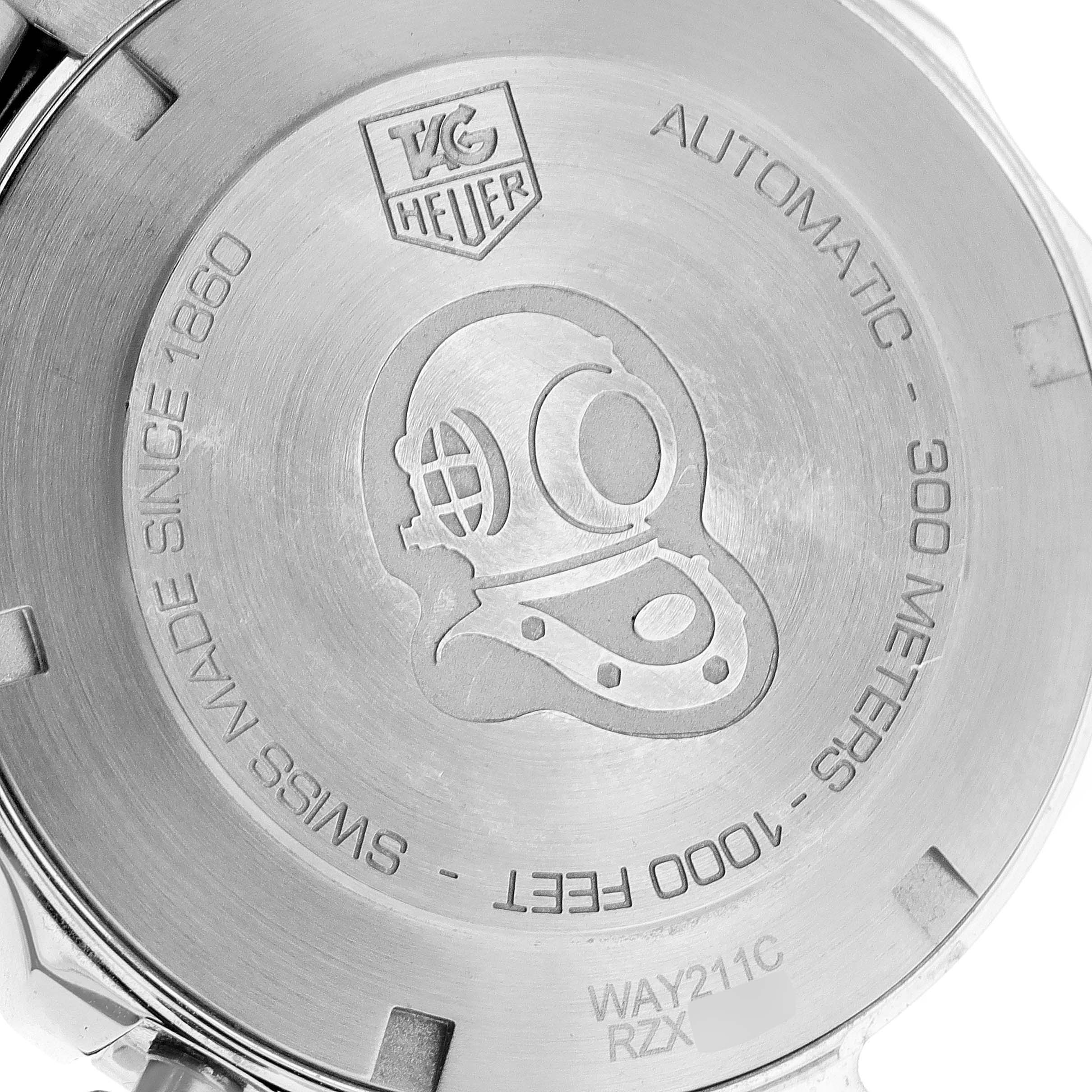 The image shows the case back of a Tag Heuer Aquaracer WAY211C.BA0928 Men
s Stainless Steel Blue Dial WAY211C.BA0928 Men
s Stainless Steel Blue Dial watch at a slight angle.